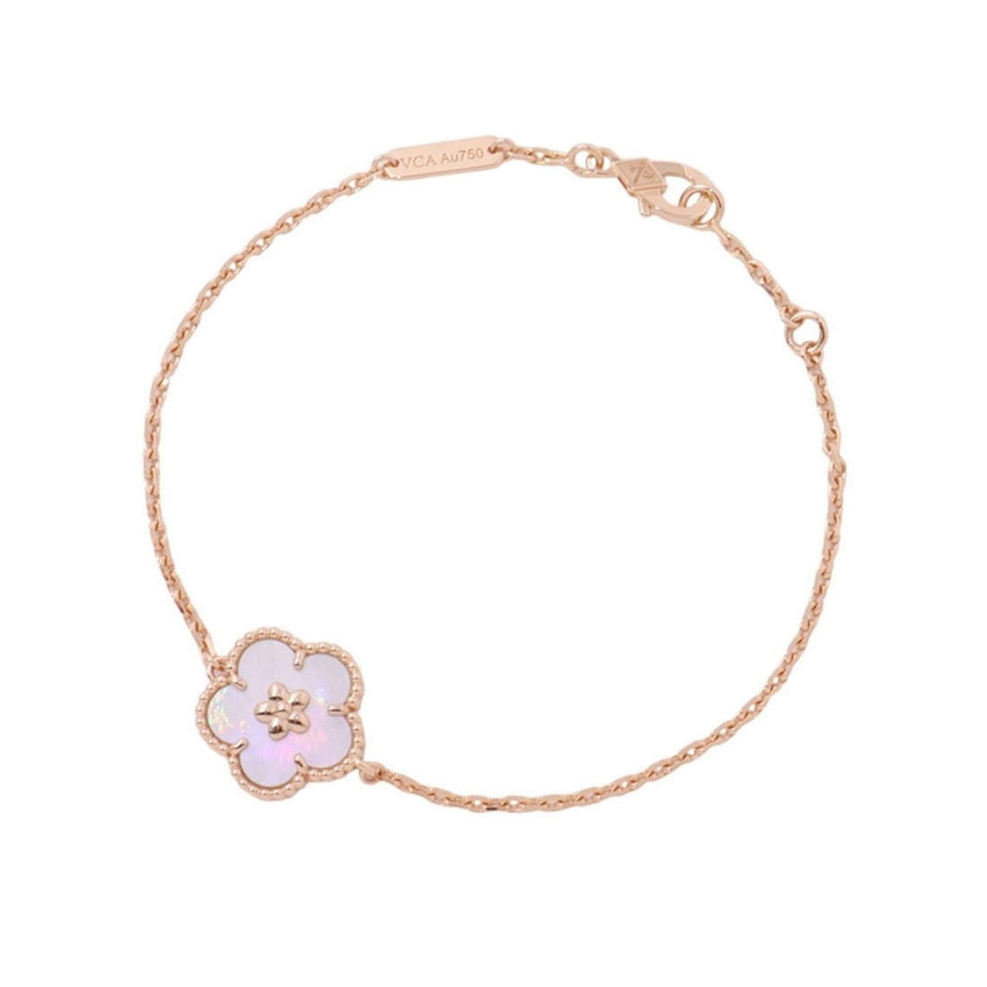 Van Cleef & Arpels Lucky Spring Plum Blossom Mother-of-Pearl Bracelet 18KPG Pink Gold VCARP9V900: --- Catalog ---Category: SizeLength: 16.5cm / 6.49''Category: DesignType: Charm braceletGender: WomenMaterial: Pink gold (18K)Category: GeneralBrand: Van Cleef & Arpels--- Item List ---Section: Condit
