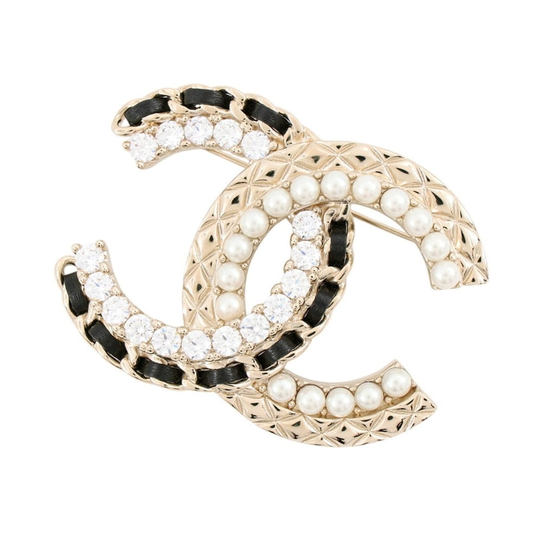 Chanel Brooch, Coco Mark Rhinestone, Faux Pearl, Lambskin, B25V AB8609 CHANEL Brooch BROACH: --- Catalog ---Category: SizeSize (HxWxD): 4.2cm x 5.5cm / 1.65'' x 2.16''Category: DesignType: BroochColor: Black, GoldGender: WomenMaterial: Artificial pearl, Gold plating, Leather, RhinestoneCatego