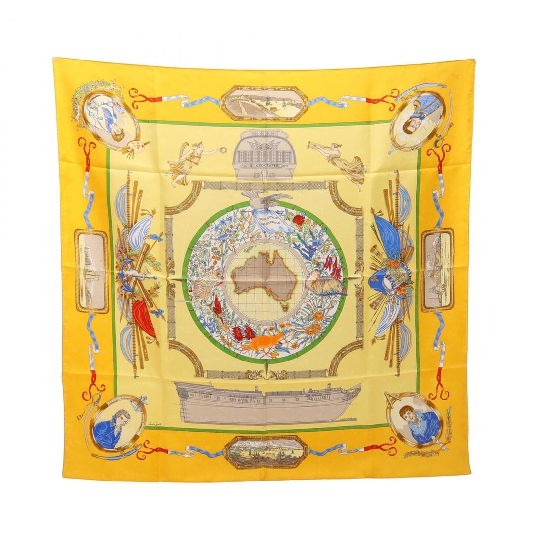 Hermes Carre 90 LE GOGRAPHE Scarf/Muffler, Silk, Women's, Yellow/Multicolor: --- Catalog ---Category: SizeSize (LxW): 88cm x 88cm / 34.64'' x 34.64''Category: DesignType: ScarfColor: Multi-color, YellowGender: WomenMaterial: Silk Category: GeneralBrand: Hermes--- Item List ---