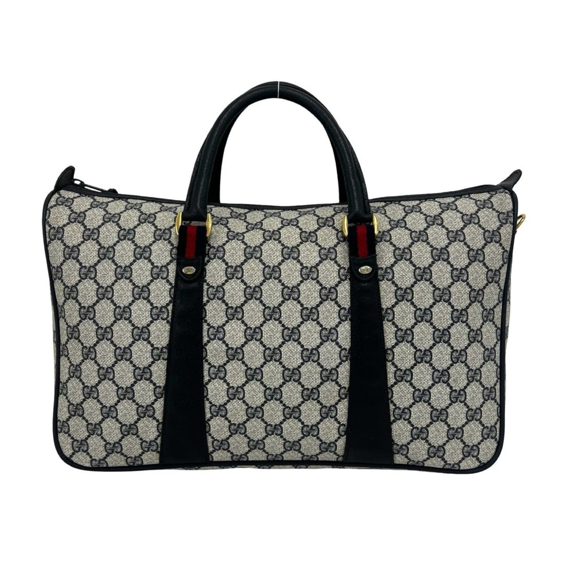 GUCCI Vintage Sherry Line GG Logo Leather Handbag Boston Bag Navy 06889: --- Catalog ---Category: SizeSize (HxWxD): 26cm x 38cm x 13.5cm / 10.23'' x 14.96'' x 5.31''Category: DesignType: Boston bag, HandbagColor: Navy, Red colorGender: WomenMaterial: Leather , PVC Category