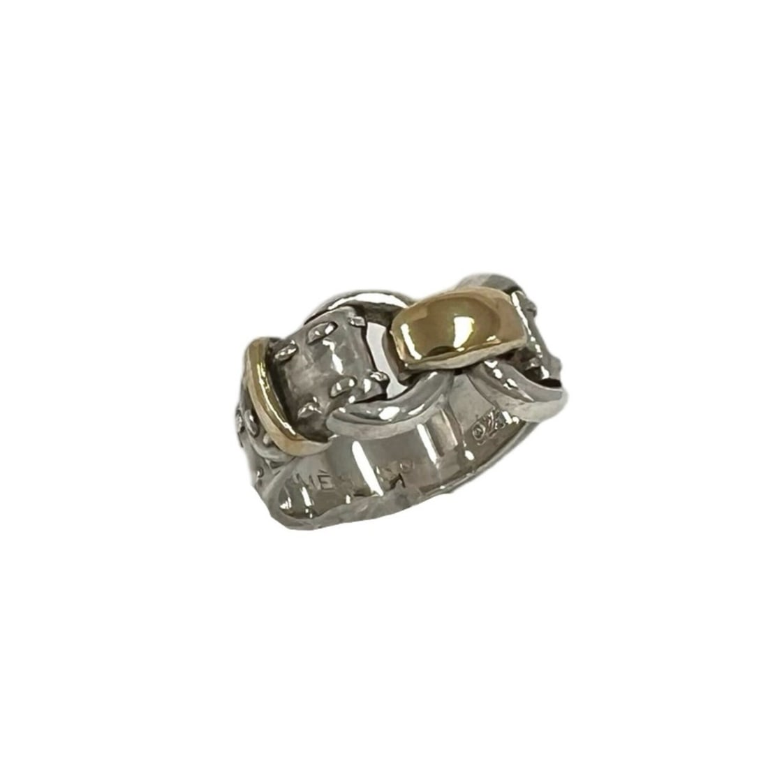 HERMES Vintage Montevideo Ring, Sterling Silver 925, 18K Yellow Gold, and Item No. 19031: --- Catalog ---Category: SizeJP Size: 9US Size: 5Category: DesignType: Band ringColor: Gold, SilverGender: WomenMaterial: Silver 925, Yellow gold (18K)Category: GeneralBrand: Hermes--- Item List ---Se