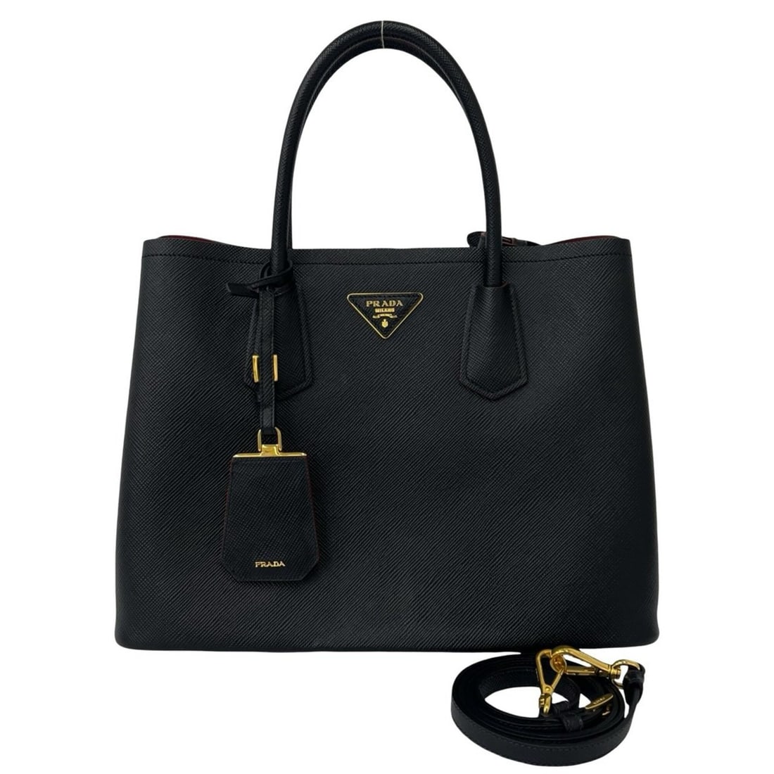 PRADA Double Saffiano Leather Triangle Logo 2-Way Shoulder Bag/Handbag Black 029-2: --- Catalog ---Category: SizeSize (HxWxD): 25cm x 32cm x 14.5cm / 9.84'' x 12.59'' x 5.7''Category: DesignType: Handbag, Shoulder bagColor: BlackGender: WomenMaterial: Leather Category: GeneralBrand: 