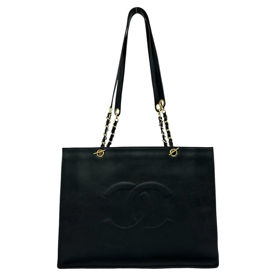 CHANEL Coco Mark Caviar Leather Chain Tote Bag Shoulder Black 6067b: --- Catalog ---Category: SizeSize (HxWxD): 31.5cm x 41.5cm x 12cm / 12.4'' x 16.33'' x 4.72''Category: DesignType: Shoulder bag, Tote bagColor: BlackGender: WomenMaterial: Grained Calfskin Category: G