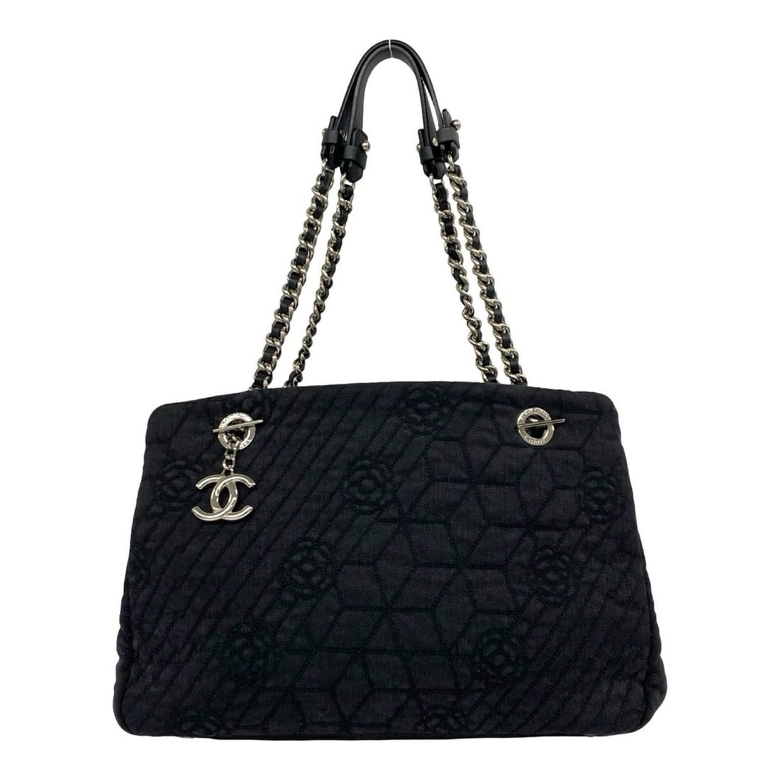 CHANEL Camellia Canvas Leather Semi-Shoulder Bag Handbag Black f3029: --- Catalog ---Category: SizeSize (HxWxD): 21cm x 32cm x 11cm / 8.26'' x 12.59'' x 4.33''Category: DesignType: Handbag, Shoulder bagColor: BlackGender: WomenMaterial: Canvas , Leather Category: Genera