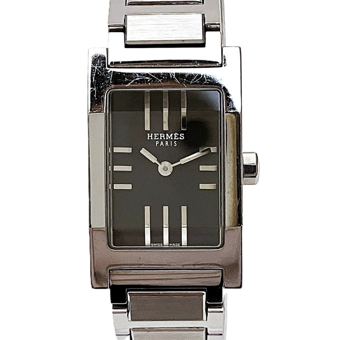Hermes Tandem watch, total weight 59.2g, stainless steel, quartz movement, black dial, TA1.210: --- Catalog ---Category: SizeWrist Size: 15cm / 5.9''Case Diameter: 18.8mm / 0.74''Category: DesignType: WristwatchGender: WomenColor (Dial): BlackMaterial (Band): Stainless steelMaterial (Case): Stai