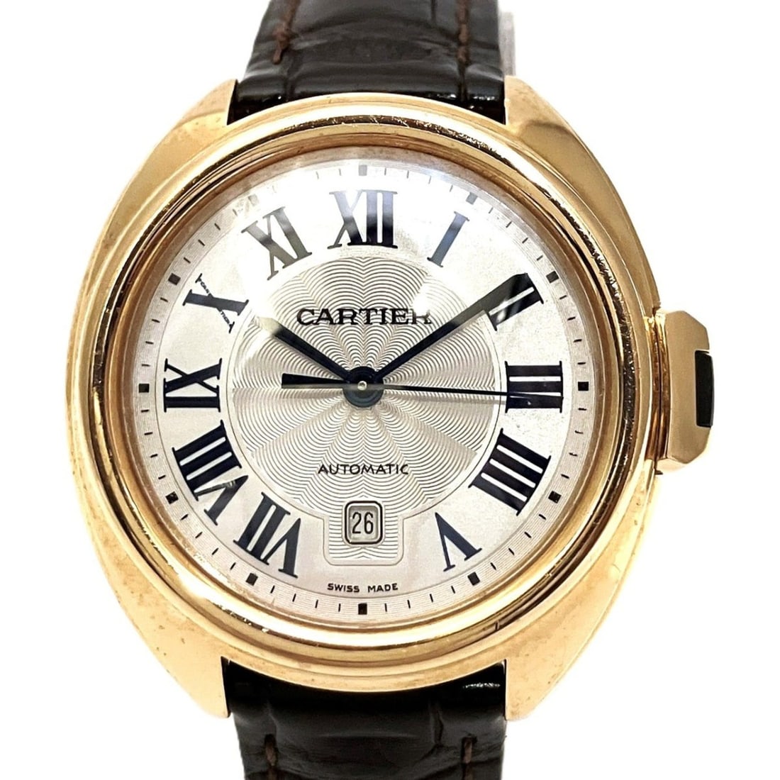 Cartier Clé de watch, total weight 51g, 18K gold, genuine leather strap, automatic movement, white: --- Catalog ---Category: SizeWrist Size: 15cm - 19cm / 5.9'' - 7.48''Case Diameter: 32.2mm / 1.27''Category: DesignType: WristwatchGender: MenColor (Dial): WhiteMaterial (Band): Gold (18K), LeatherMat