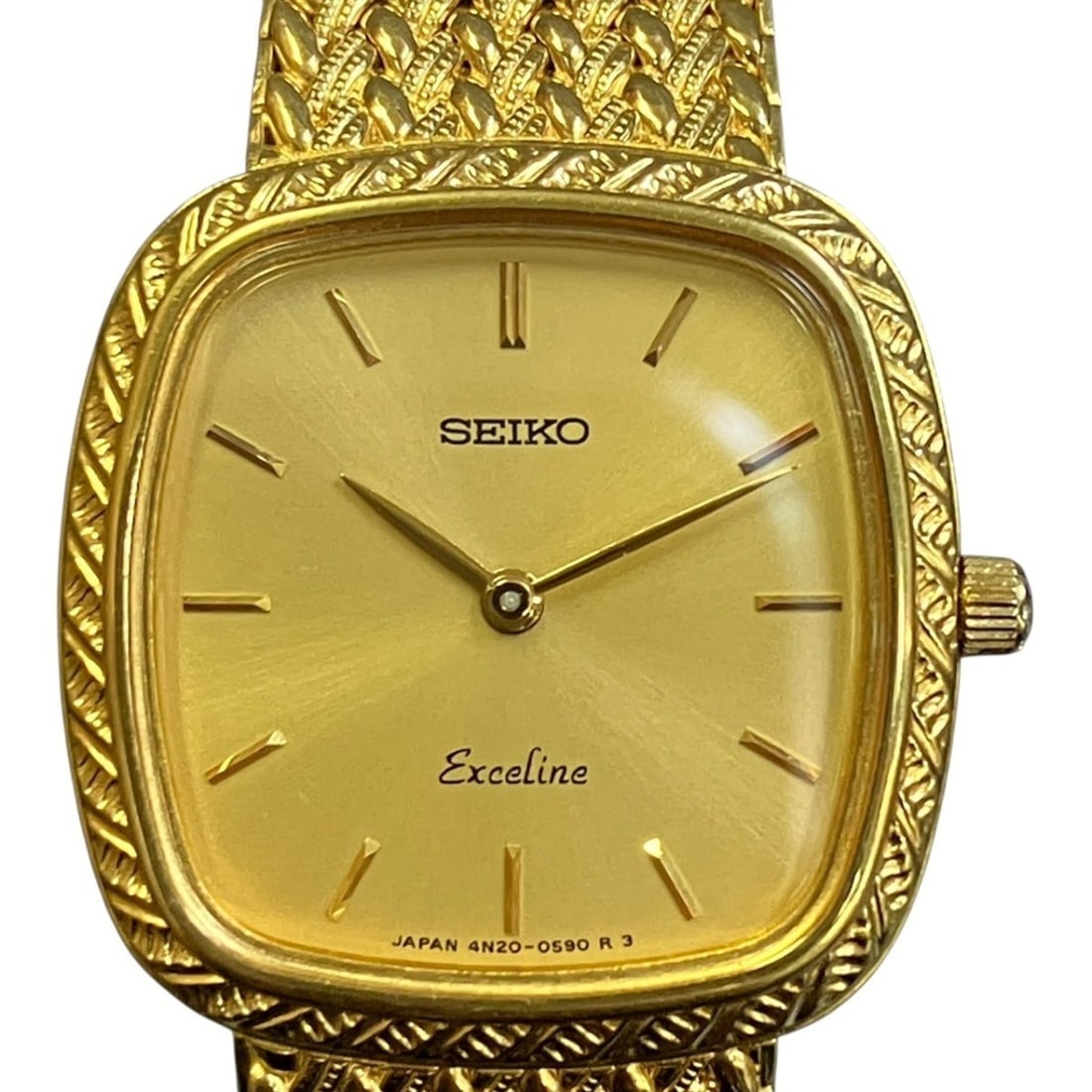 Seiko Exceline watch, total weight 34.9g, GP (Gold Plated) finish, diamond crown, quartz movement,: --- Catalog ---Category: SizeWrist Size: 16.5cm / 6.49''Case Diameter: 21.5mm / 0.85''Category: DesignType: WristwatchGender: WomenColor (Dial): GoldMaterial (Band): Gold platedMaterial (Case): Gold p
