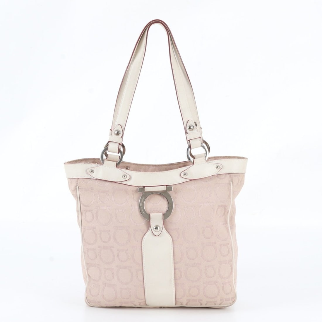 Salvatore Ferragamo Gancini 6846 Leather Canvas Tote Bag Handbag Shoulder for Women: --- Catalog ---Category: SizeSize (HxWxD): 25cm x 25cm x 7cm / 9.84'' x 9.84'' x 2.75''Handle Length: 52cm / 20.47''Category: DesignType: Handbag, Tote bagColor: Beige, PinkGender: WomenMaterial: Leat