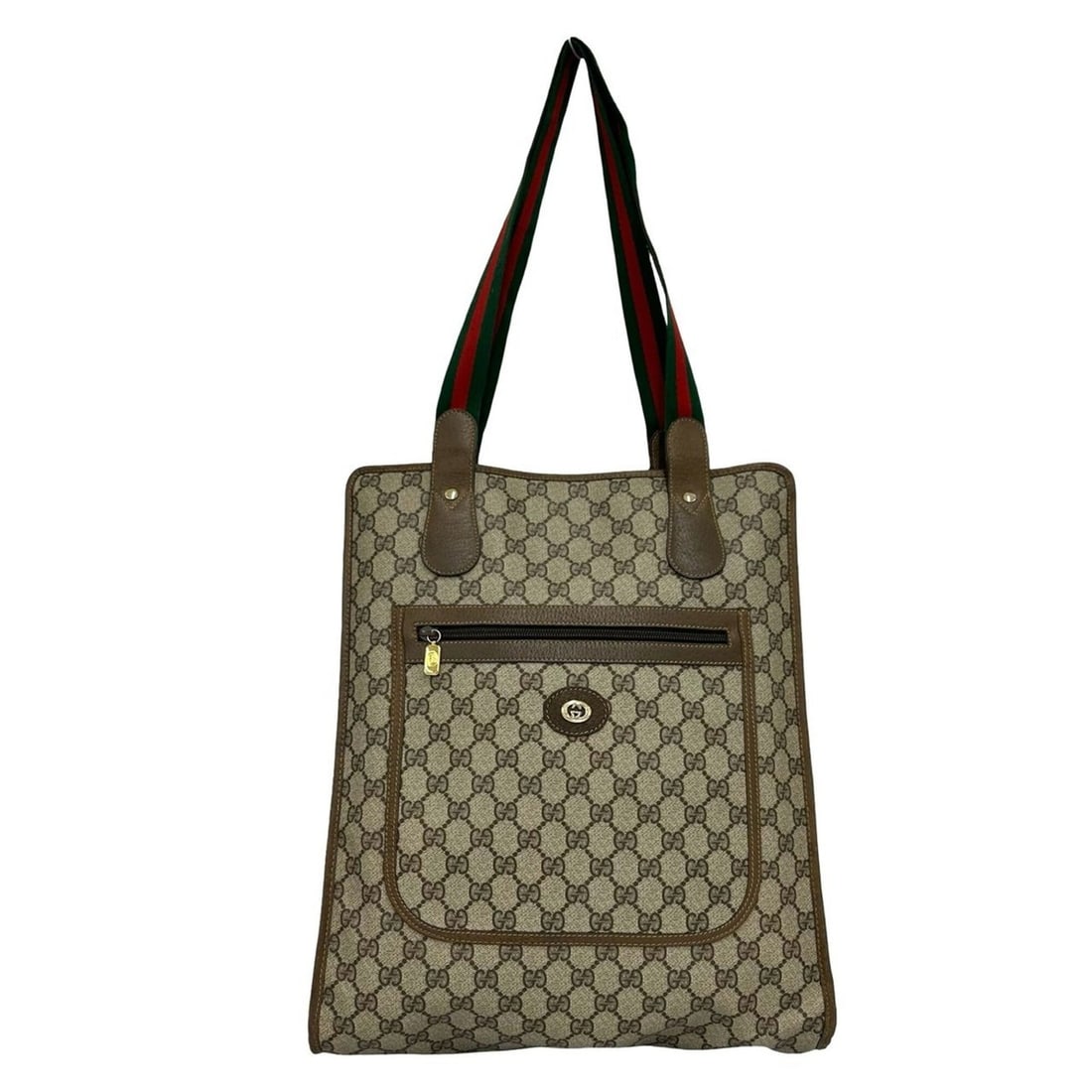 GUCCI Vintage Sherry Line GG Logo Leather Tote Bag/Handbag, Brown, 63775: --- Catalog ---Category: SizeSize (HxWxD): 39cm x 33cm x 9cm / 15.35'' x 12.99'' x 3.54''Category: DesignType: Handbag, Tote bagColor: Brown, Green, Red colorGender: WomenMaterial: PVC , Leather Categ
