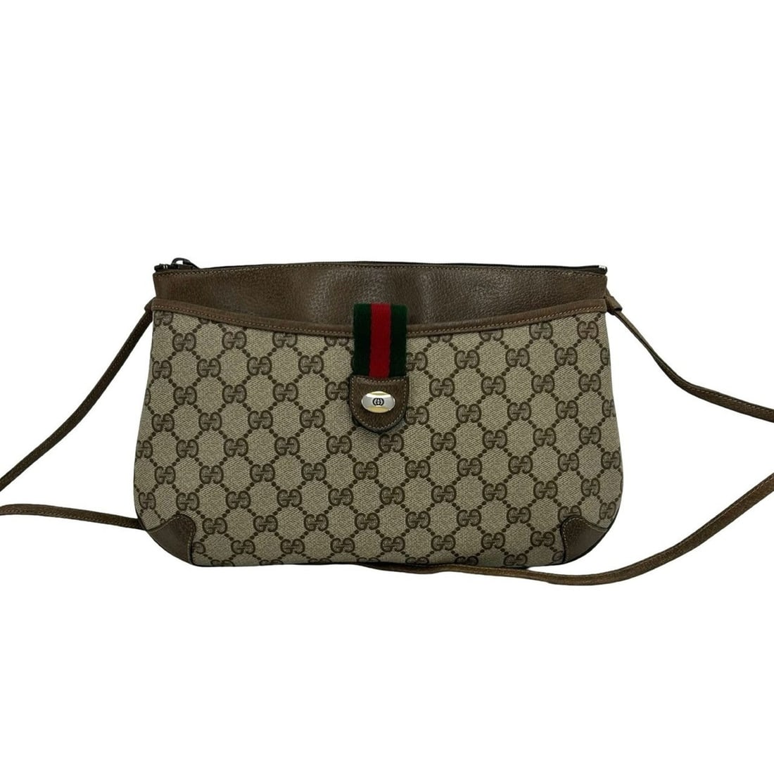 GUCCI Vintage Sherry Line GG Logo Leather Shoulder Bag (Brown) - 75379: --- Catalog ---Category: SizeSize (HxWxD): 19.5cm x 30.5cm x 4cm / 7.67'' x 12'' x 1.57''Category: DesignType: Shoulder bagColor: Brown, Green, Red colorGender: WomenMaterial: PVC , Leather Category: 