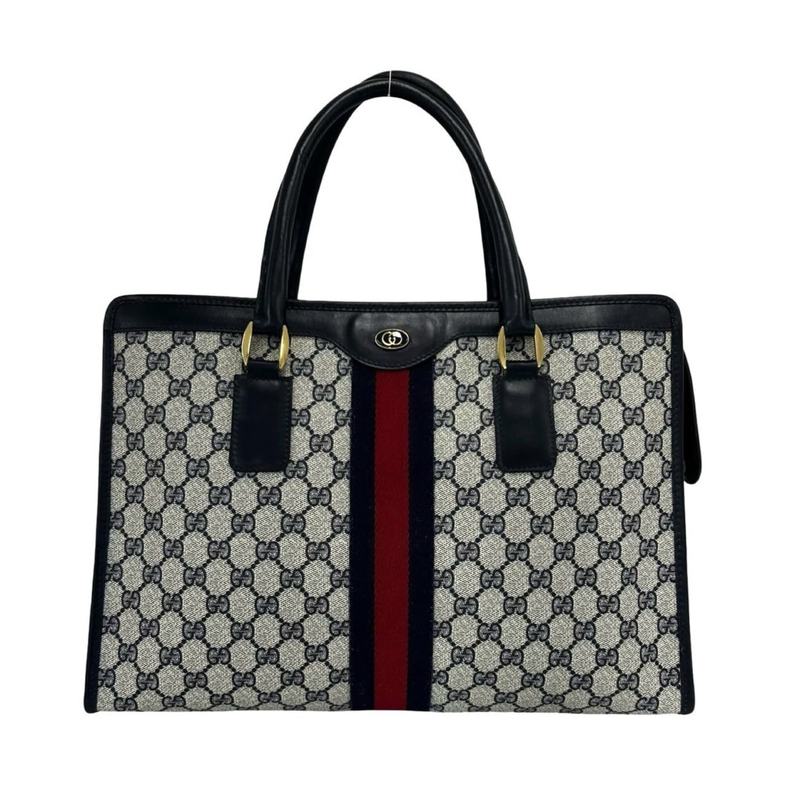 GUCCI Vintage Sherry Line GG Logo Hardware Leather Handbag Business Bag Navy 40336: --- Catalog ---Category: SizeSize (HxWxD): 26cm x 38cm x 8.5cm / 10.23'' x 14.96'' x 3.34''Category: DesignType: HandbagColor: Navy, Red colorGender: WomenMaterial: PVC , Leather Category: GeneralBran
