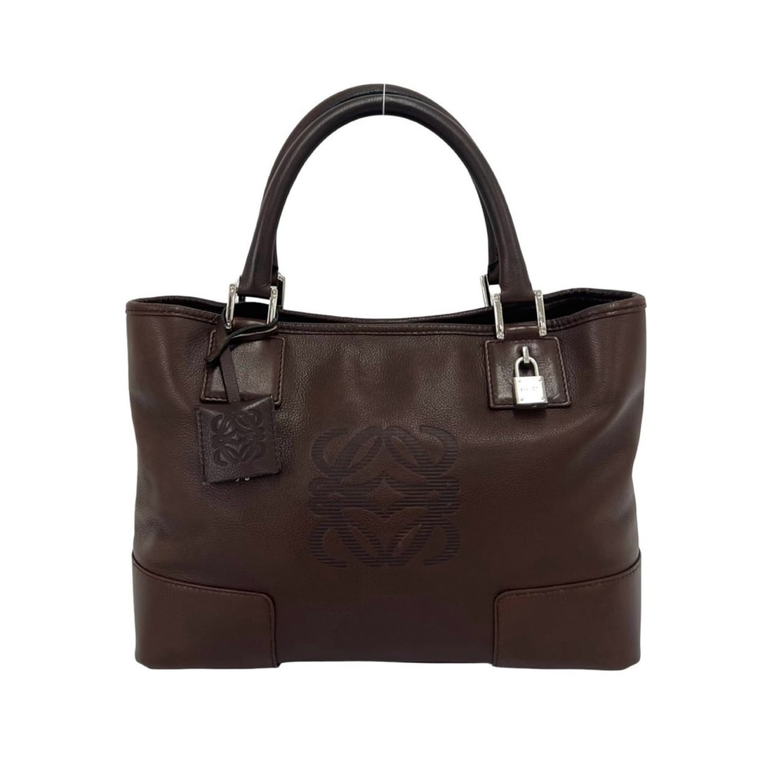 LOEWE Fusta Anagram Logo Pattern Leather Handbag Tote Bag Boston Brown 25878: --- Catalog ---Category: SizeSize (HxWxD): 21.5cm x 32cm x 12cm / 8.46'' x 12.59'' x 4.72''Category: DesignType: Boston bag, Handbag, Tote bagColor: BrownGender: WomenMaterial: Leather Category: Gener
