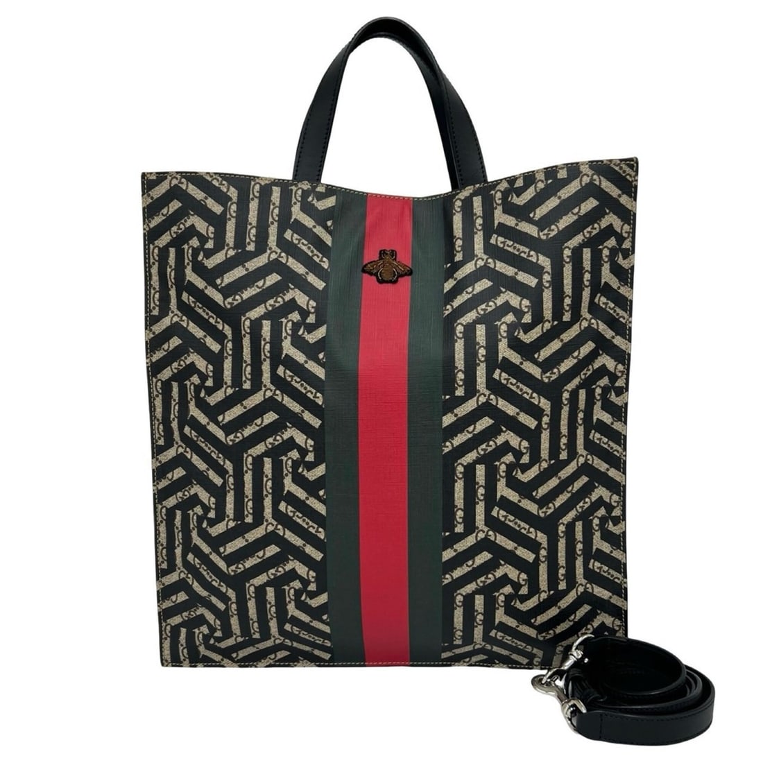 GUCCI GG Kaleido Sherry Line Bee Leather Polyurethane 2-way Shoulder Bag Tote Men's Black 19956: --- Catalog ---Category: SizeSize (HxWxD): 37cm x 35.5cm x 7cm / 14.56'' x 13.97'' x 2.75''Category: DesignType: Shoulder bag, Tote bagColor: Black, Green, Red colorGender: MenMaterial: Leather , Elas