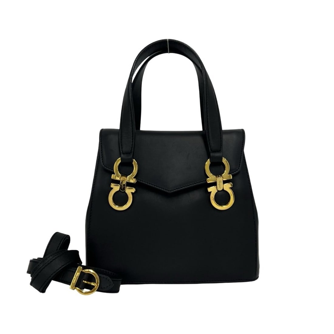 Salvatore Ferragamo Gancini hardware leather 2-way shoulder bag/handbag black 18327: --- Catalog ---Category: SizeSize (HxWxD): 17cm x 20cm x 7.5cm / 6.69'' x 7.87'' x 2.95''Category: DesignType: Handbag, Shoulder bagColor: BlackGender: WomenMaterial: Leather Category: GeneralBrand: S
