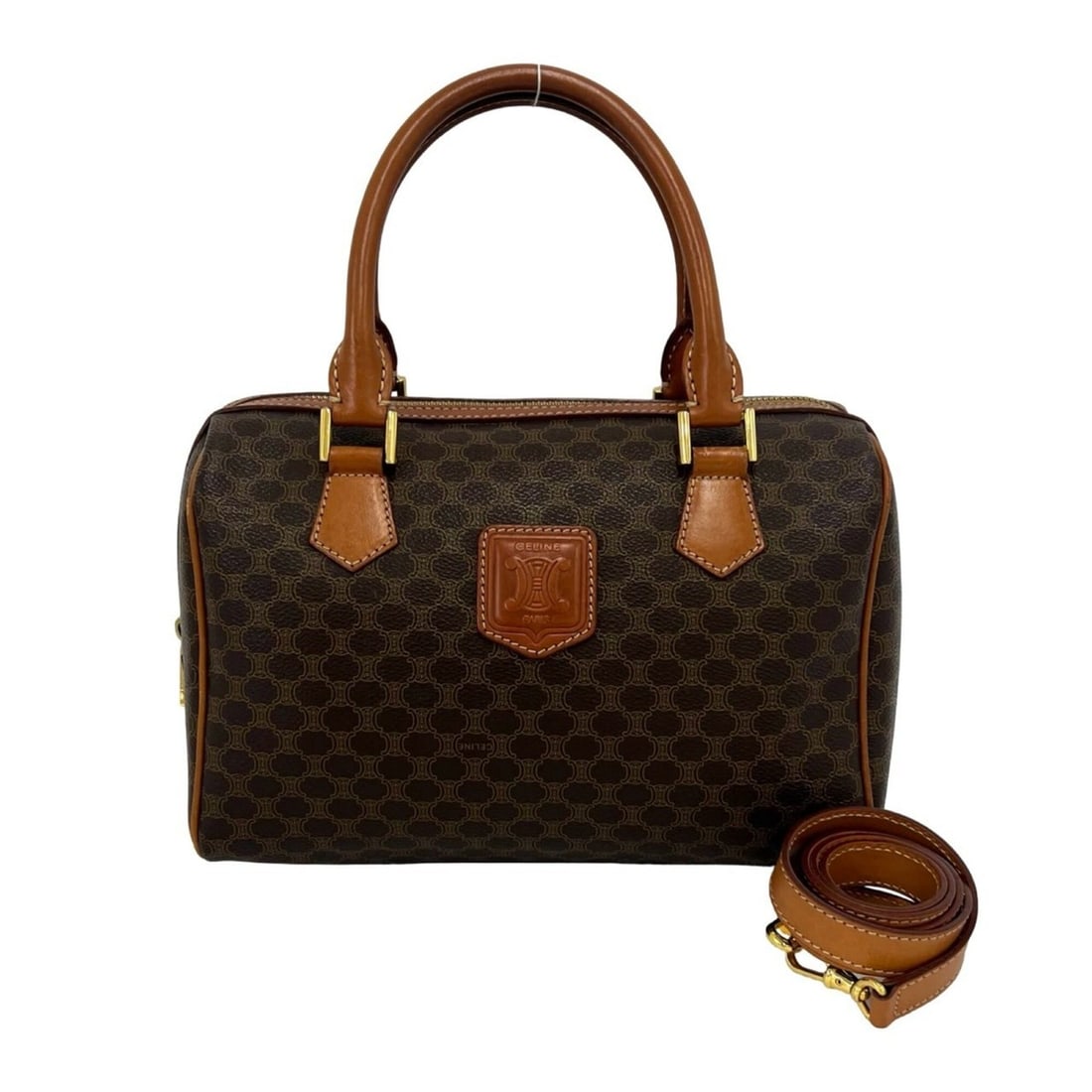 CELINE Vintage Macadam Blazon Pattern Triomphe Leather Shoulder Bag/Handbag, Brown, 68069: --- Catalog ---Category: SizeSize (HxWxD): 20cm x 26cm x 13cm / 7.87'' x 10.23'' x 5.11''Category: DesignType: Handbag, Shoulder bagColor: BrownGender: WomenMaterial: Leather , PVC Category: GeneralBr