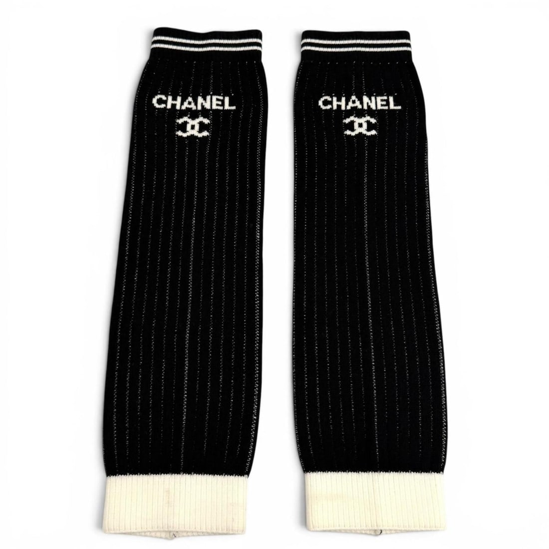 CHANEL 24C Coco Mark Logo Design Rib Knit Leg Warmers, Black & White, Made in Italy, Women's (1 of 8)