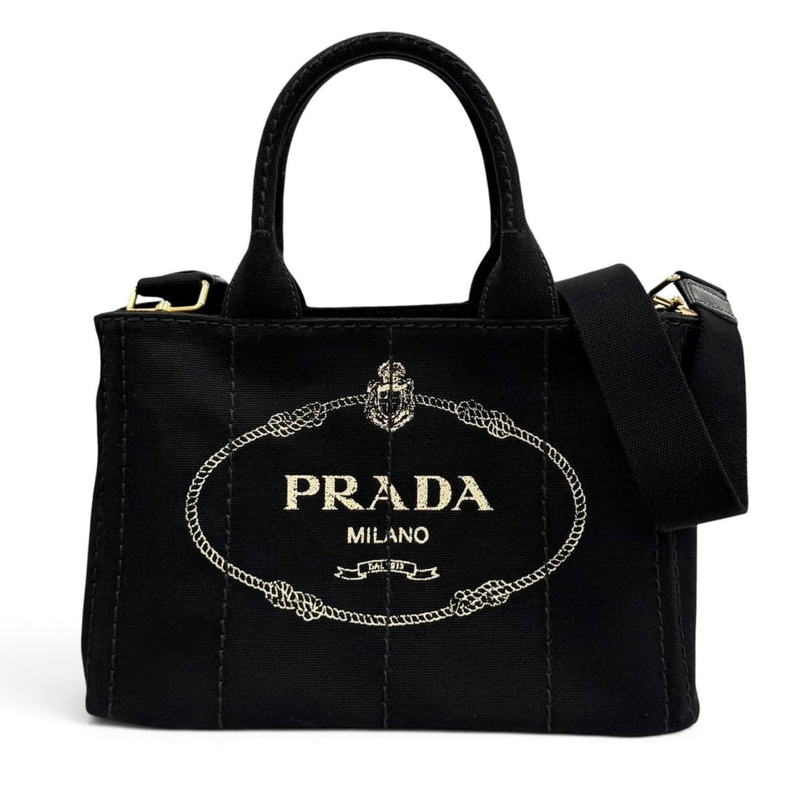 PRADA 1BG439 Canapa NERO Triangle Logo Plate Design Canvas 2-way Tote Bag for Women with Dust: --- Catalog ---Category: SizeSize (HxWxD): 19cm x 33.5cm x 15cm / 7.48'' x 13.18'' x 5.9''Category: DesignType: Tote bagColor: NeroGender: WomenMaterial: Canvas Category: GeneralMPN: 1BG439Brand: Prad
