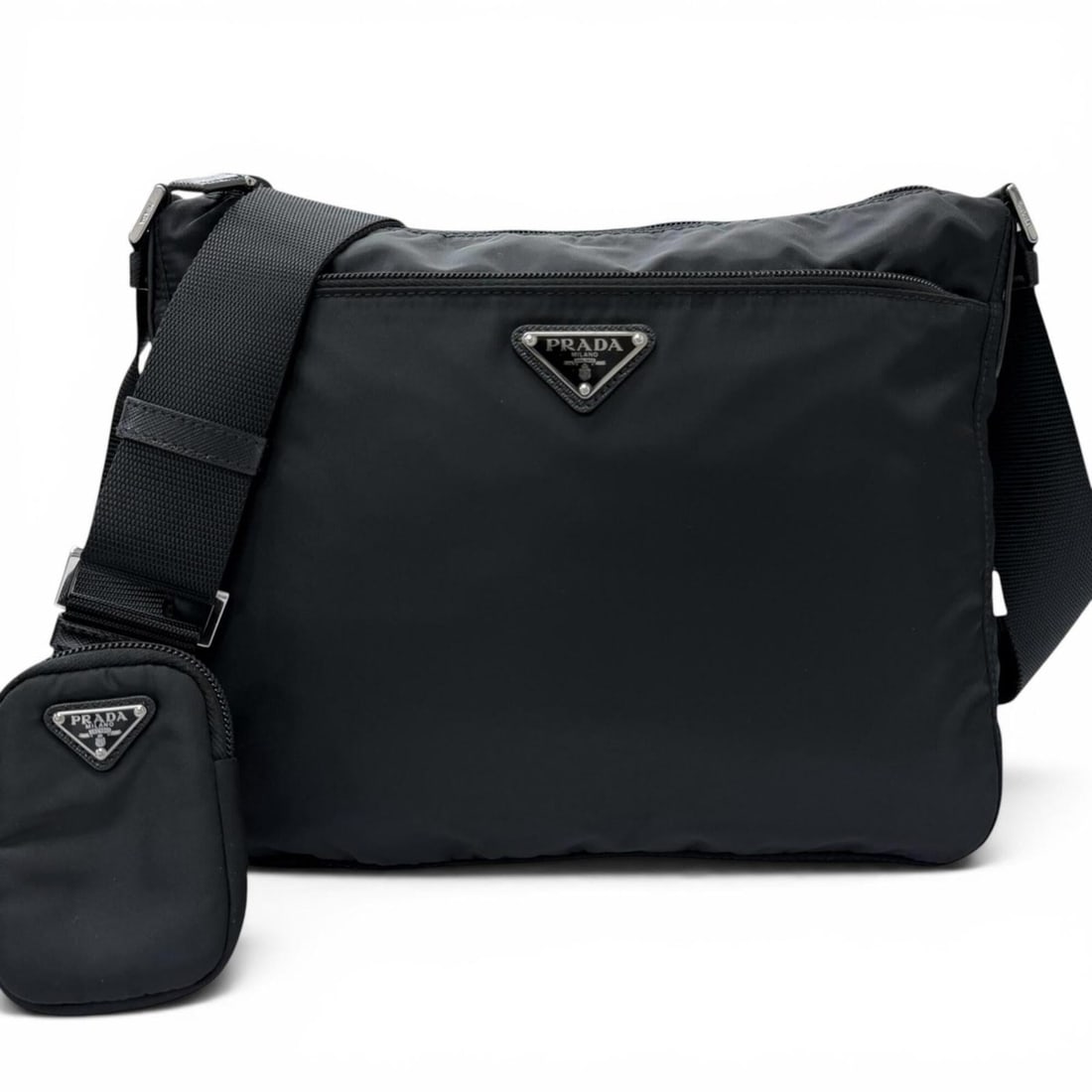 PRADA 1BC421 Leather and Re-Nylon Triangle Logo Crossbody Shoulder Bag with Pouch, Black, Made in (1 of 15)