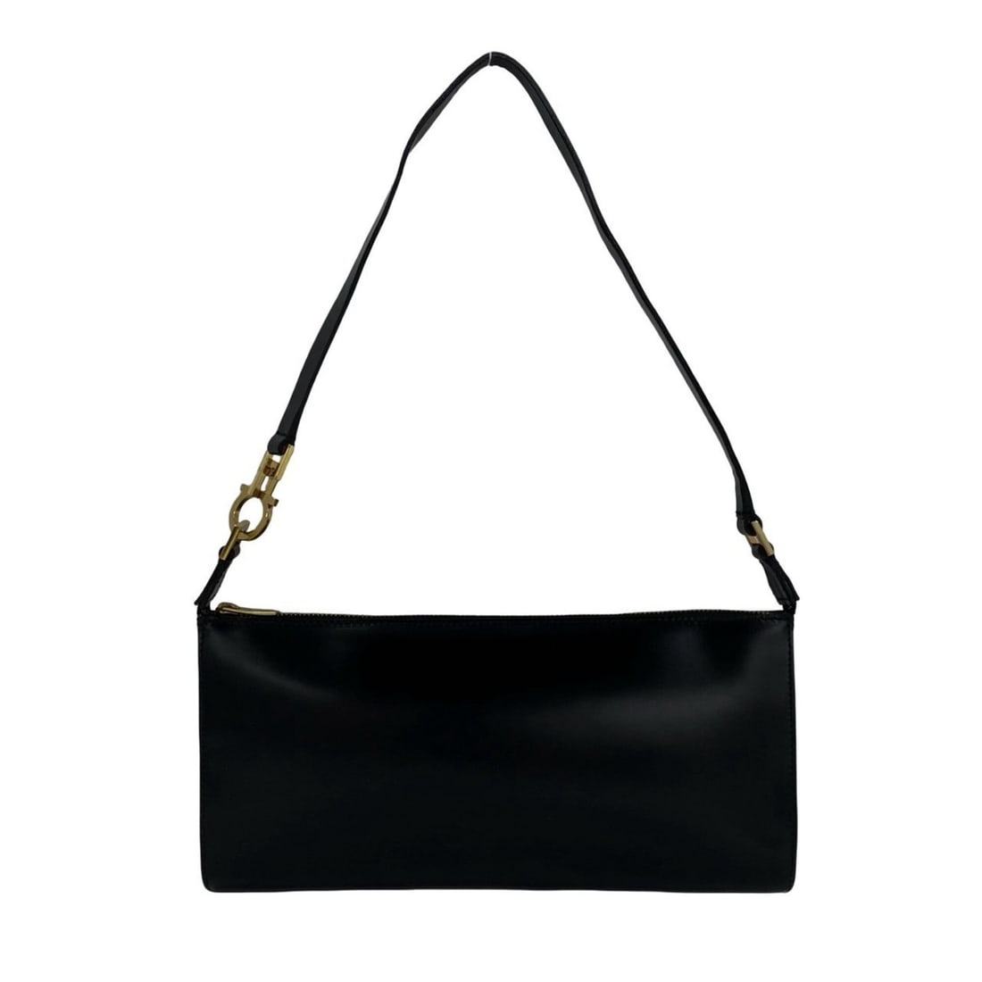 Salvatore Ferragamo Gancini Hardware Leather Semi-One Shoulder Bag Handbag Black 39572 (1 of 9)
