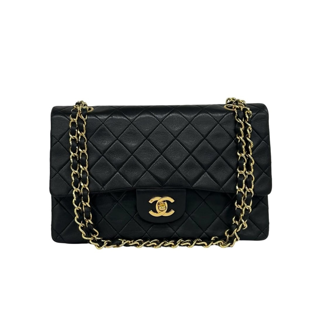 CHANEL Vintage Matelassé Coco Mark Double Flap Lambskin Shoulder Bag Black 32541: --- Catalog ---Category: SizeSize (HxWxD): 19cm x 25cm x 6.5cm / 7.48'' x 9.84'' x 2.55''Category: DesignType: Shoulder bagColor: BlackGender: WomenMaterial: Leather Leather/Fur Type: LambskinCategory
