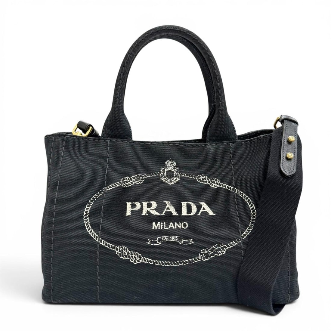 PRADA 1BG439 Canapa Canvas Leather Triangle Logo 2-Way Shoulder Tote Bag, Black with Gold Hardware,: --- Catalog ---Category: SizeSize (HxWxD): 19cm x 31cm x 14.5cm / 7.48'' x 12.2'' x 5.7''Category: DesignType: Tote bagColor: BlackGender: WomenMaterial: Leather , Canvas Hardware Color: GoldCategory: