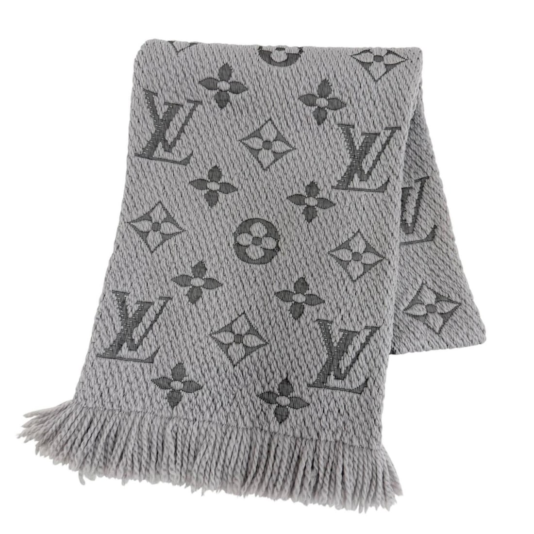 LOUIS VUITTON M74742 Echarpe Logomania Wool Silk Gris Perle Monogram Fringe Stole Scarf, Made in (1 of 10)