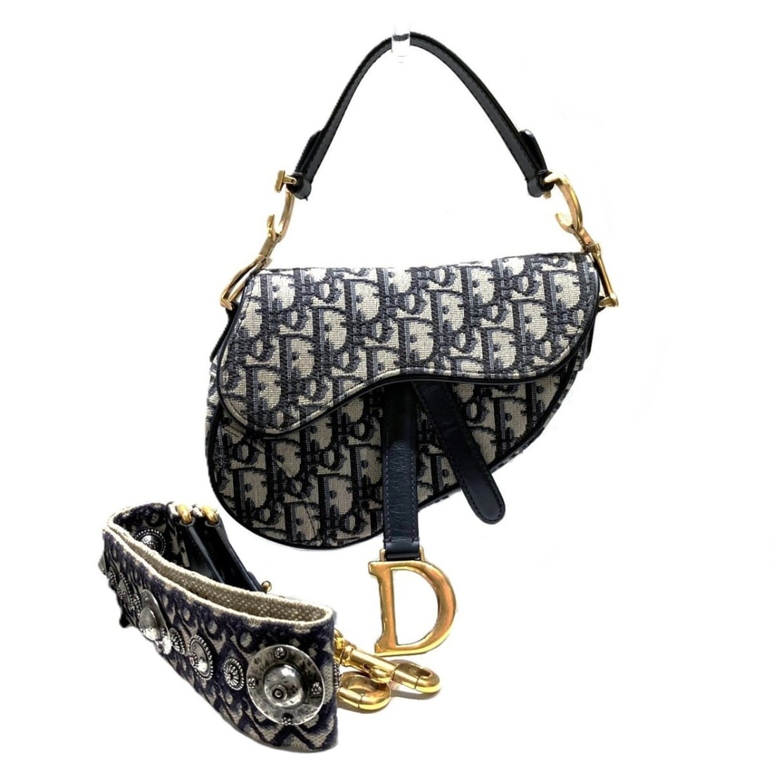 Christian Dior 2-way Saddle Bag Handbag, Oblique, Cotton/Leather: --- Catalog ---Category: SizeSize (HxWxD): 15cm x 17.5cm x 5cm / 5.9'' x 6.88'' x 1.96''Category: DesignType: Handbag, Saddle bagColor: NavyGender: WomenMaterial: Cotton , Leather Category: