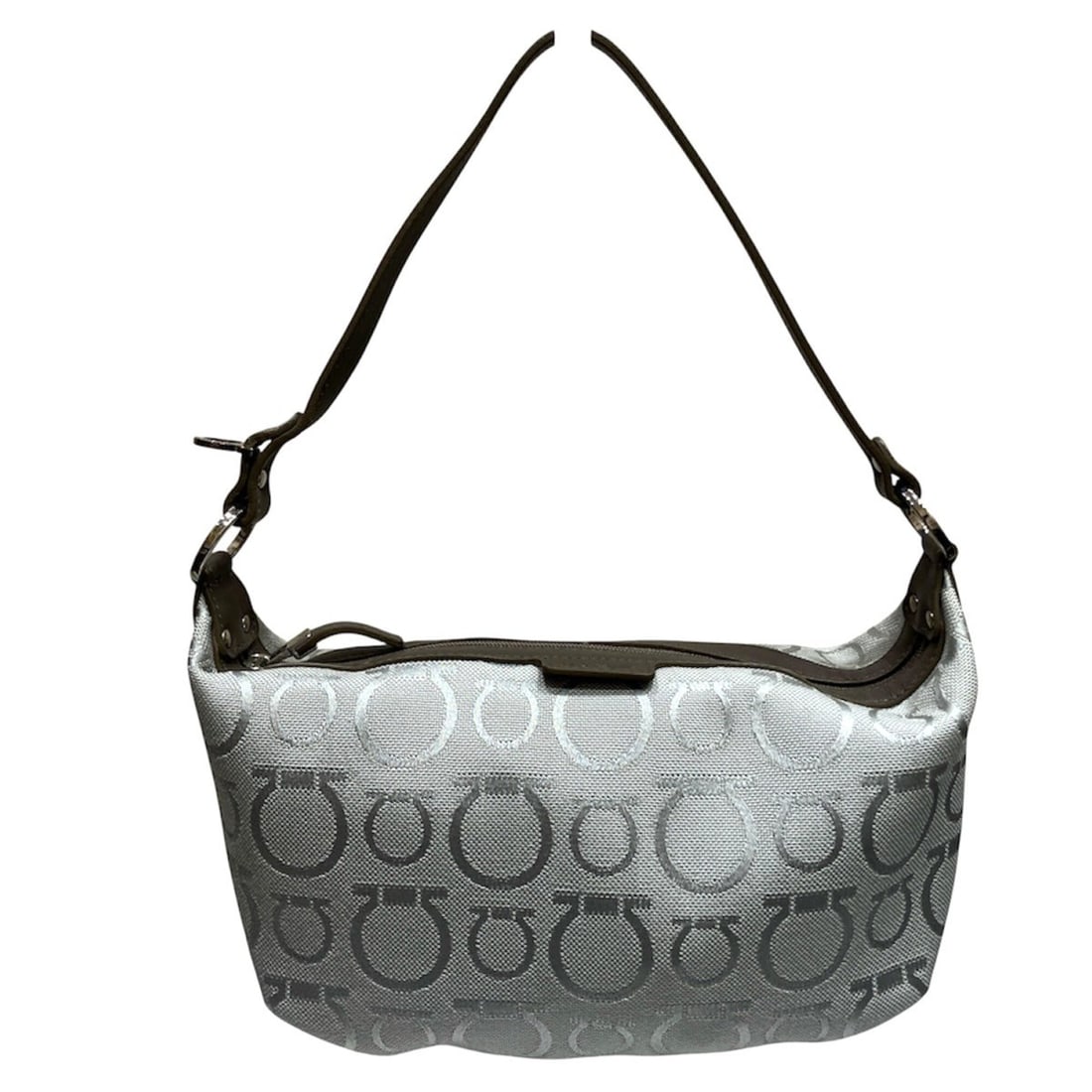 Salvatore Ferragamo accessory pouch/handbag, Gancini canvas, AU-22: --- Catalog ---Category: SizeHandle Drop: 16.00cm / 6.30''Size (HxWxD): 14cm x 23cm x 8cm / 5.51'' x 9.05'' x 3.14''Handle Length: 38cm / 14.96''Category: DesignType: HandbagColor: SilverGender: Women
