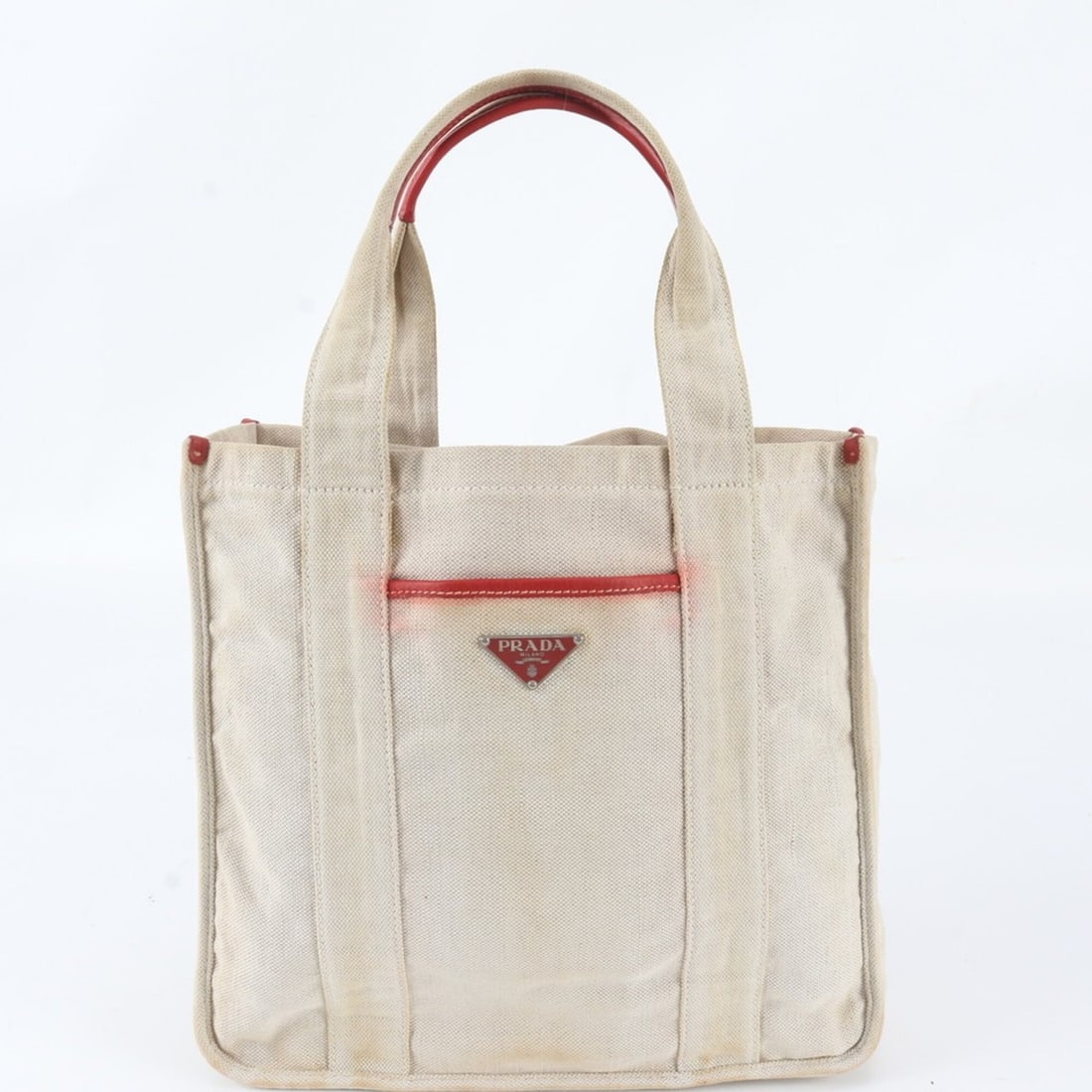 Prada Triangle Logo Leather Canvas Tote Bag Handbag Shoulder for Women: --- Catalog ---Category: SizeSize (HxWxD): 29cm x 32cm x 10cm / 11.41'' x 12.59'' x 3.93''Category: DesignType: Handbag, Shoulder bag, Tote bagColor: BeigeGender: WomenMaterial: Leather , Canvas Categ