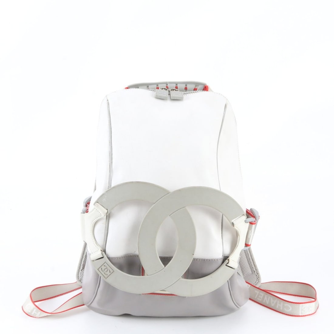 Chanel Sport Line Coco Mark Leather Backpack Shoulder Handbag for Women: --- Catalog ---Category: SizeSize (HxWxD): 42cm x 25cm x 7cm / 16.53'' x 9.84'' x 2.75''Category: DesignType: Backpack, Shoulder bagColor: Gray, WhiteGender: WomenMaterial: Leather Category: GeneralBr