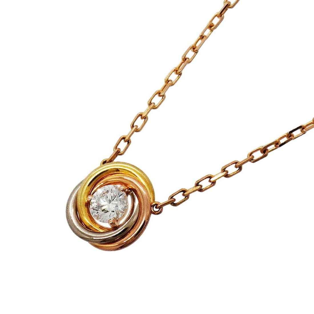Cartier Trinity Necklace, 1PD (1 diamond), available in 18K Yellow Gold (KYG), White (18KWG), and: --- Catalog ---Category: SizePendant Size: 8.6mm x 8.5mm / 0.33'' x 0.33''Neck Circumference: 38 cm - 41 cm / 14.96'' - 16.14''Category: DesignStone: DiamondGender: WomenMaterial: Pink gold (18K), Whi