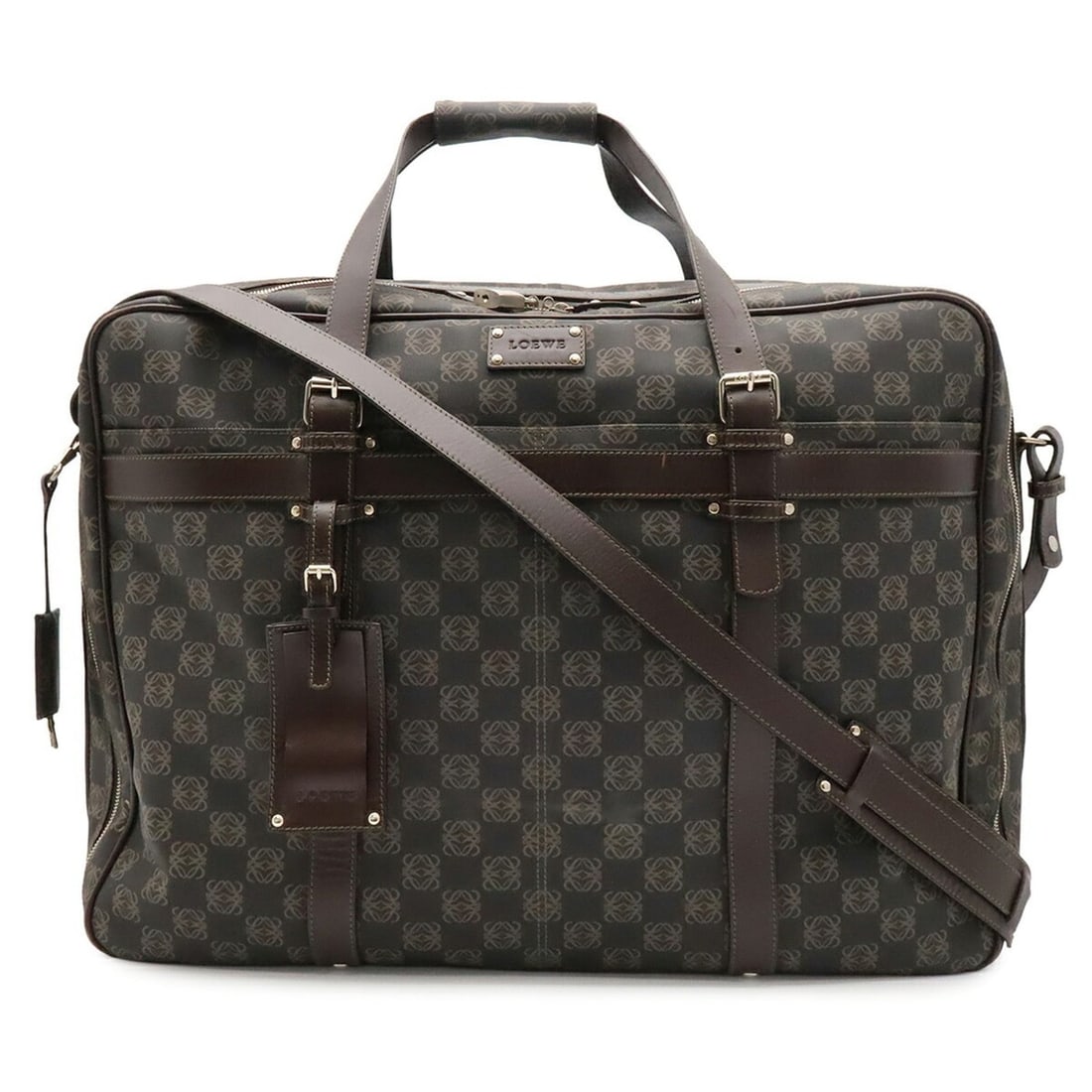 LOEWE Repeat Anagram Boston Bag, Travel Shoulder Leather, Black, Brown: --- Catalog ---Category: SizeSize (HxWxD): 38cm x 51cm x 17.5cm / 14.96'' x 20.07'' x 6.88''Category: DesignType: Boston bag, Shoulder bagColor: Black, Dark brownGender: MenMaterial: Coated canvas ,