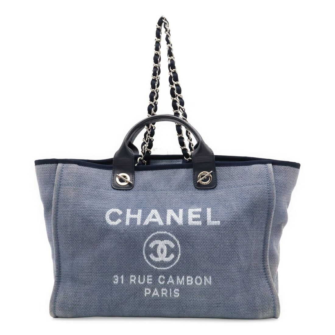 CHANEL Deauville GM Chain Tote Bag, Canvas and Leather, Blue, A66941: --- Catalog ---Category: SizeSize (HxWxD): 30cm x 39cm x 20cm / 11.81'' x 15.35'' x 7.87''Strap Length: 70cm / 27.55''Category: DesignType: Shoulder bag, Tote bagColor: BlueGender: WomenMaterial: Canv