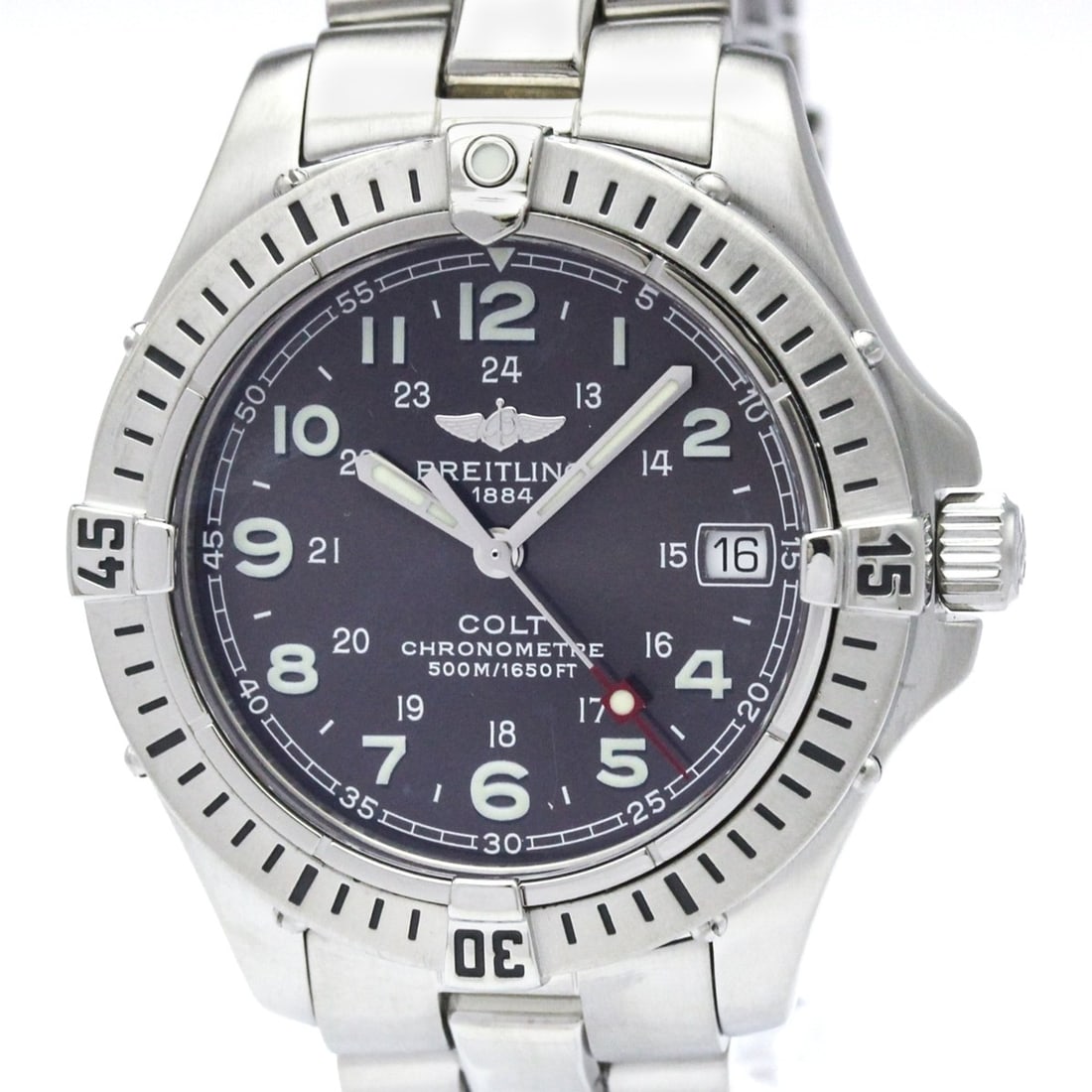 BREITLING Colt Stainless Steel Quartz Mens Watch A74350 Polished: --- Catalog ---Category: SizeCase Diameter: 38mm / 1.5''Category: DesignType: WristwatchStyle: SportGender: MenColor (Dial): BlackMaterial (Band): Stainless steelMaterial (Case): Stainless