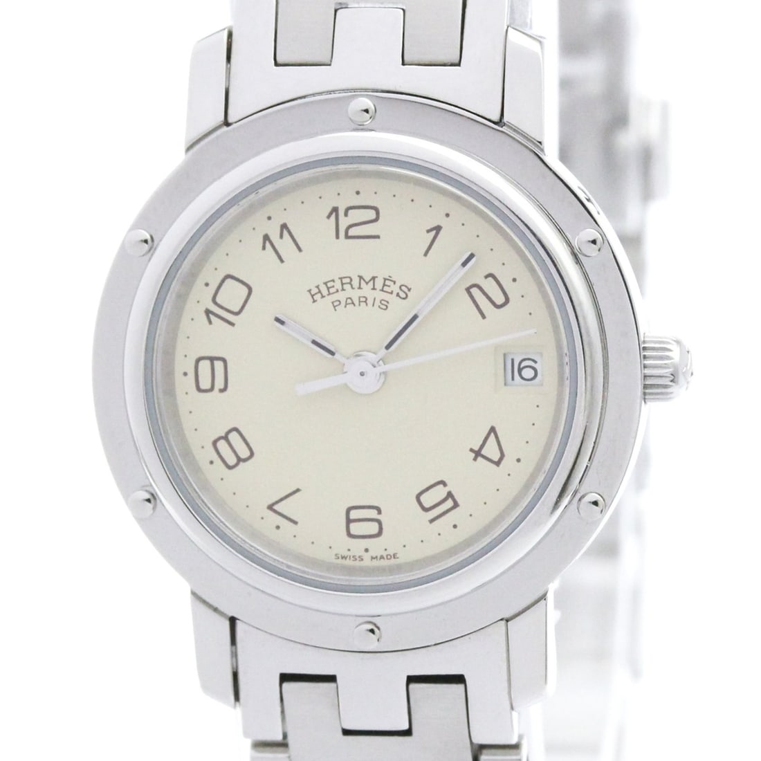 HERMES Clipper Stainless Steel Quartz Ladies Watch CL4.210 Polished: --- Catalog ---Category: SizeCase Diameter: 24mm / 0.94''Category: DesignType: WristwatchStyle: Dress/FormalGender: WomenColor (Dial): IvoryMaterial (Band): Stainless steelMaterial (Case): Stainless s