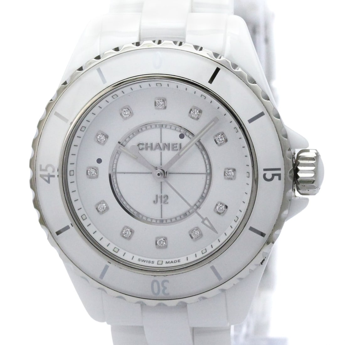 CHANEL J12 Diamond Ceramic Quartz Ladies Watch H5703 Polished: --- Catalog ---Category: SizeCase Diameter: 33mm / 1.3''Category: DesignType: WristwatchStyle: Dress/FormalGender: WomenColor (Dial): WhiteMaterial (Band): CeramicMaterial (Case): CeramicCategory: Gen