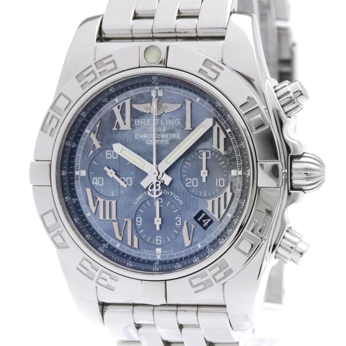 BREITLING Chronomat 44 Japan LTD Blue MOP Dial Watch AB0110 Polished: --- Catalog ---Category: SizeCase Diameter: 44mm / 1.73''Category: DesignType: WristwatchStyle: SportGender: MenColor (Dial): Blue shellMaterial (Band): Stainless steelMaterial (Case): Stainless steel
