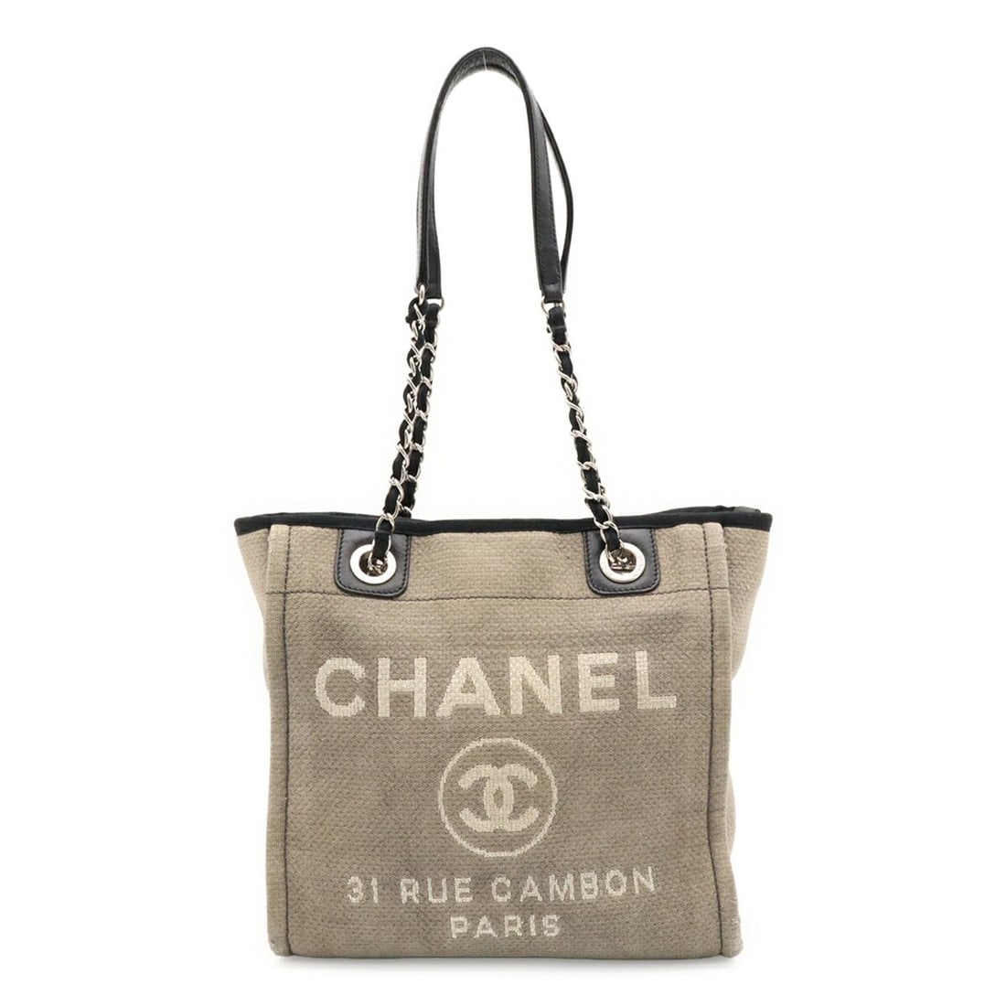 CHANEL Deauville Tote Bag, Shoulder Chain Strap, Canvas and Leather, Gray Black, A66939: --- Catalog ---Category: SizeSize (HxWxD): 25.5cm x 25.5cm x 11cm / 10.03'' x 10.03'' x 4.33''Category: DesignType: Shoulder bag, Tote bagColor: Black, GrayGender: WomenMaterial: Canvas , Leather Cate
