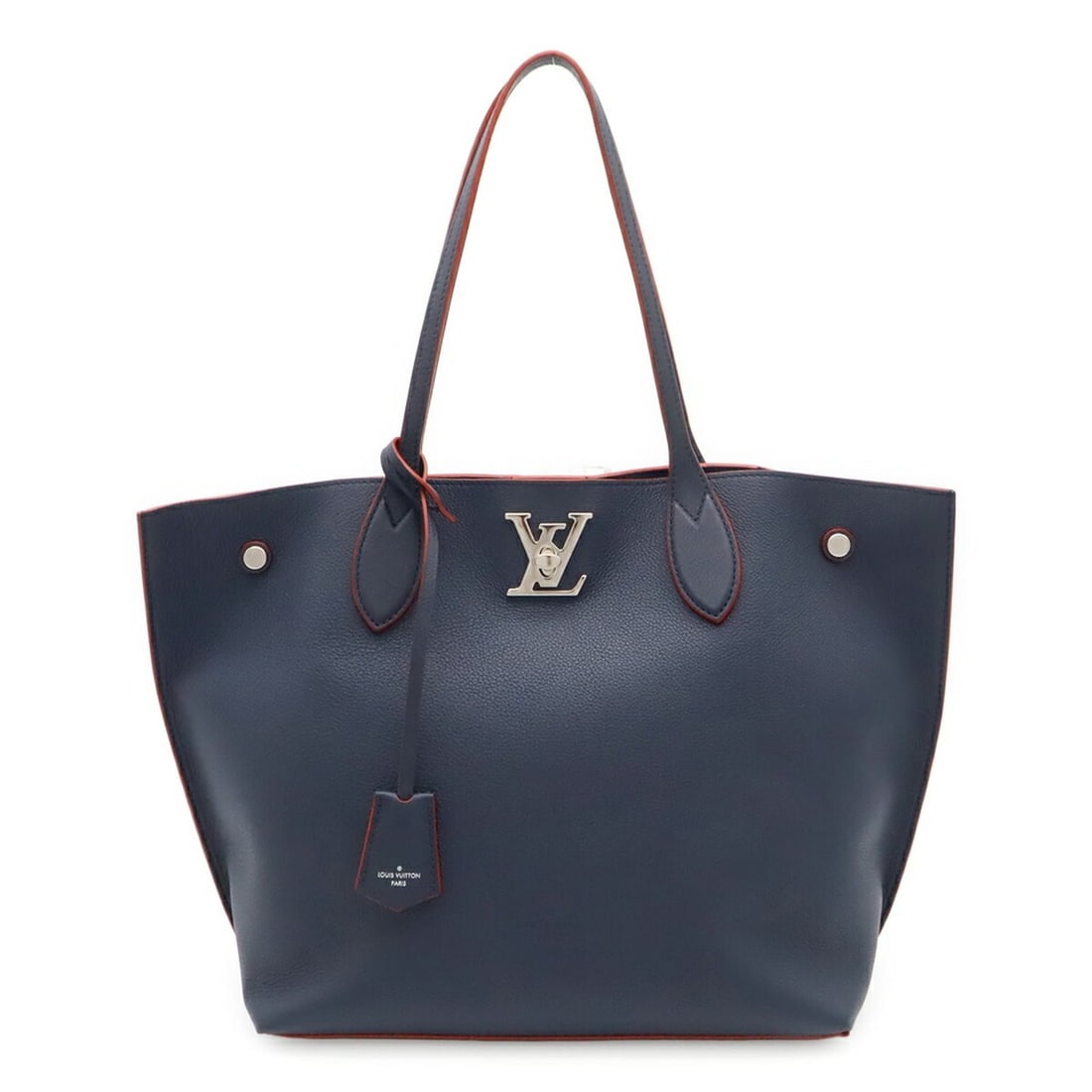 LOUIS VUITTON Lockme Go Tote Bag, Turnlock Leather, Marine Rouge/Navy, M52759: --- Catalog ---Category: SizeWeight: 720g / 1.58lb.Size (HxWxD): 31cm x 46cm x 15.5cm / 12.2'' x 18.11'' x 6.1''Category: DesignType: Tote bagColor: Marine rouge, NavyGender: WomenMaterial: Leather