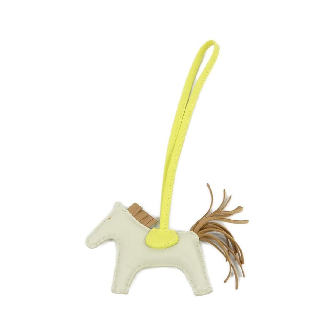 Hermes Rodeo Accessory Bag Charm PM 064929CA: --- Catalog ---Category: SizeChain Length: 370.00mm / 14.57''Size (HxWxD): 75.00mm x 85.00mm / 2.95'' x 3.35''Category: DesignType: Handbag charmColor: Lime, WhiteGender: Women,MenMaterial: Agneau Mil