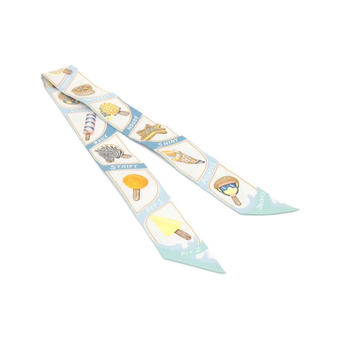 Hermes Funny Ice Cream Twilly 064109S Scarf Muffler: --- Catalog ---Category: SizeSize (LxW): 5cm x 86cm / 1.96'' x 33.85''Category: DesignType: ScarfColor: Cream, Light blue, OrangeGender: Men,WomenMaterial: Silk Category: GeneralMPN: 064109SBrand: Her