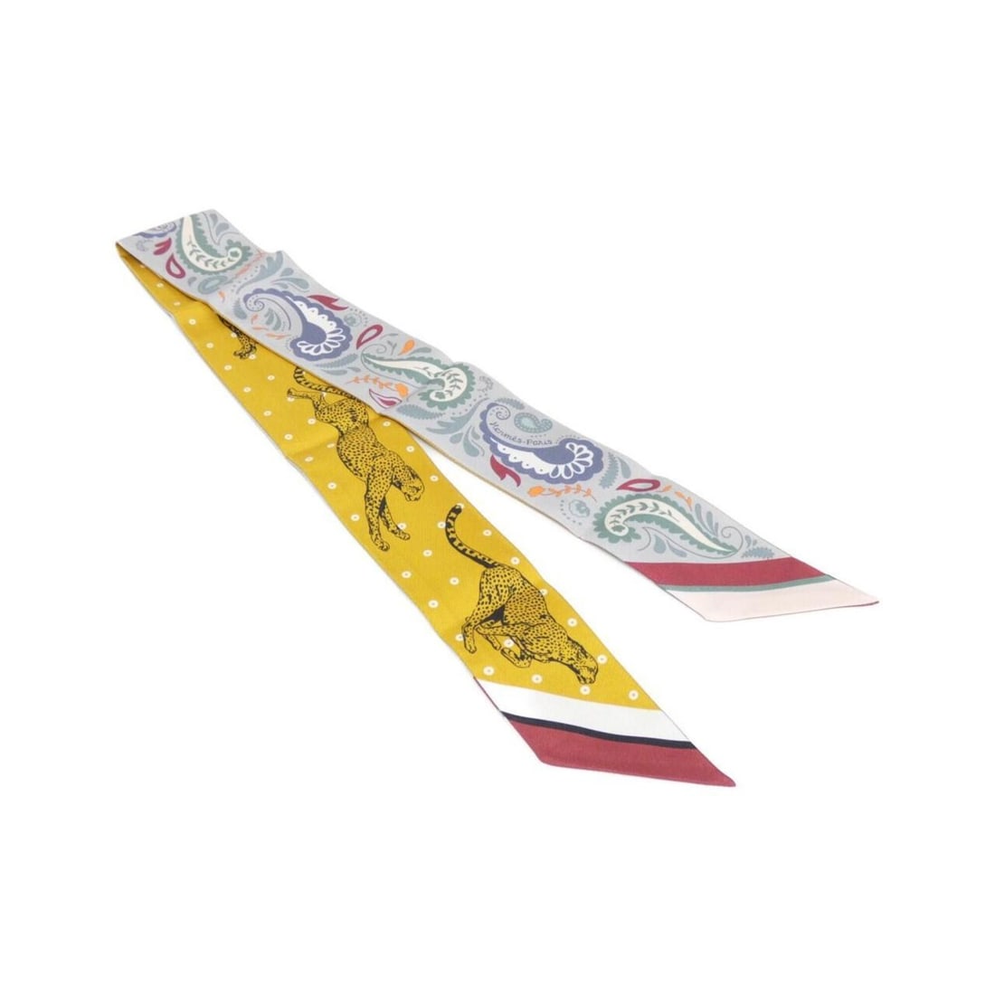Hermes Guepards Bandana Twilly 064179S Scarf Muffler: --- Catalog ---Category: SizeSize (LxW): 5cm x 86cm / 1.96'' x 33.85''Category: DesignType: BandanaColor: Gray, Multi-color, YellowGender: Women,MenMaterial: Silk Category: GeneralMPN: 064179SBrand: H