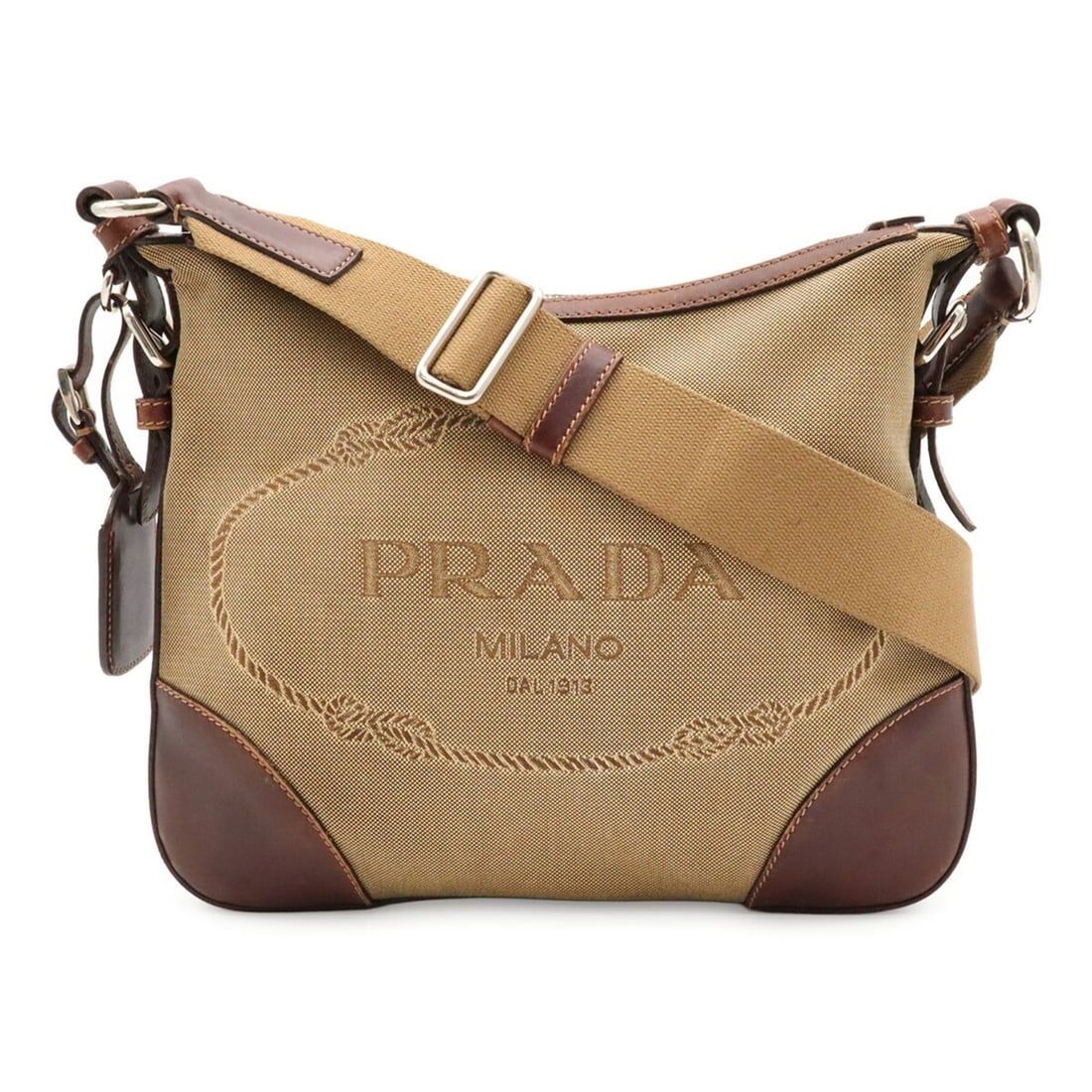 PRADA Jacquard Shoulder Bag, Canvas and Leather, Khaki Beige, Dark Brown, BT0534: --- Catalog ---Category: SizeWeight: 470g / 1.03lb.Size (HxWxD): 23cm x 28cm x 2cm / 9.05'' x 11.02'' x 0.78''Strap Length: 123cm / 48.42''Category: DesignType: Shoulder bagColor: Beige, Dark brown, K