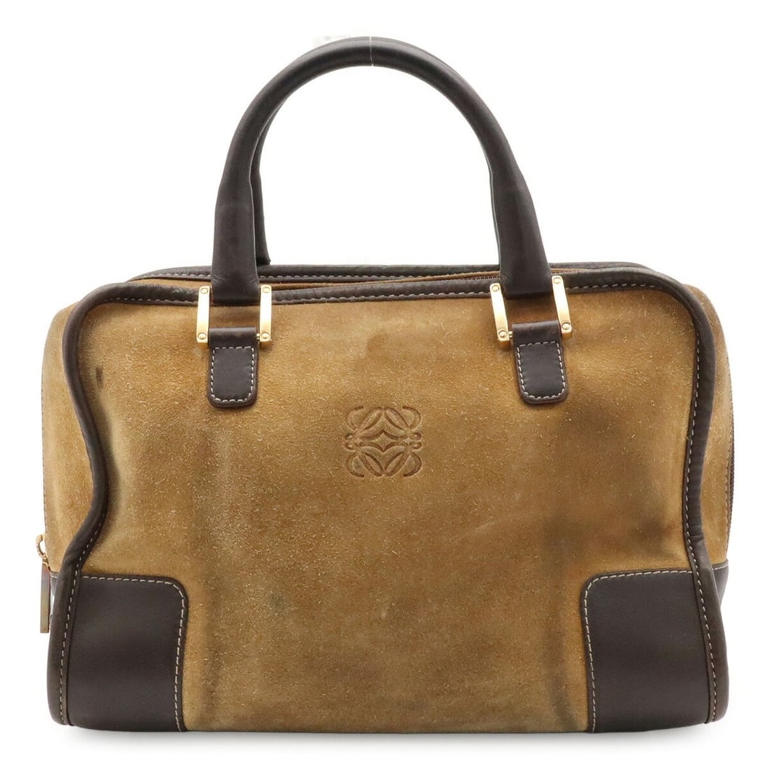 LOEWE Amazona 27 handbag, suede leather, beige/dark brown.: --- Catalog ---Category: SizeWeight: 510g / 1.12lb.Size (HxWxD): 20cm x 27cm x 13cm / 7.87'' x 10.62'' x 5.11''Category: DesignType: HandbagColor: Beige, Dark brownGender: WomenMaterial: Suede , Leath