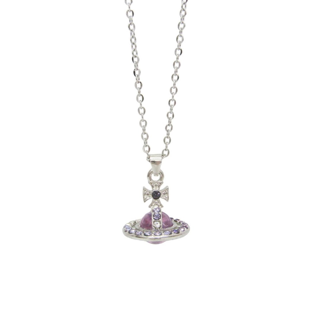 Vivienne Westwood Orb Metal Rhinestone Men,Women Pendant Necklace (Silver,Light Purple): --- Catalog ---Category: SizeWeight: 8g / 0.28oz.Pendant Size: 22.5mm x 19.7mm / 0.88'' x 0.77''Neck Circumference: 41 cm - 46 cm / 16.14'' - 18.11''Category: DesignColor: Light purple, SilverMetal: