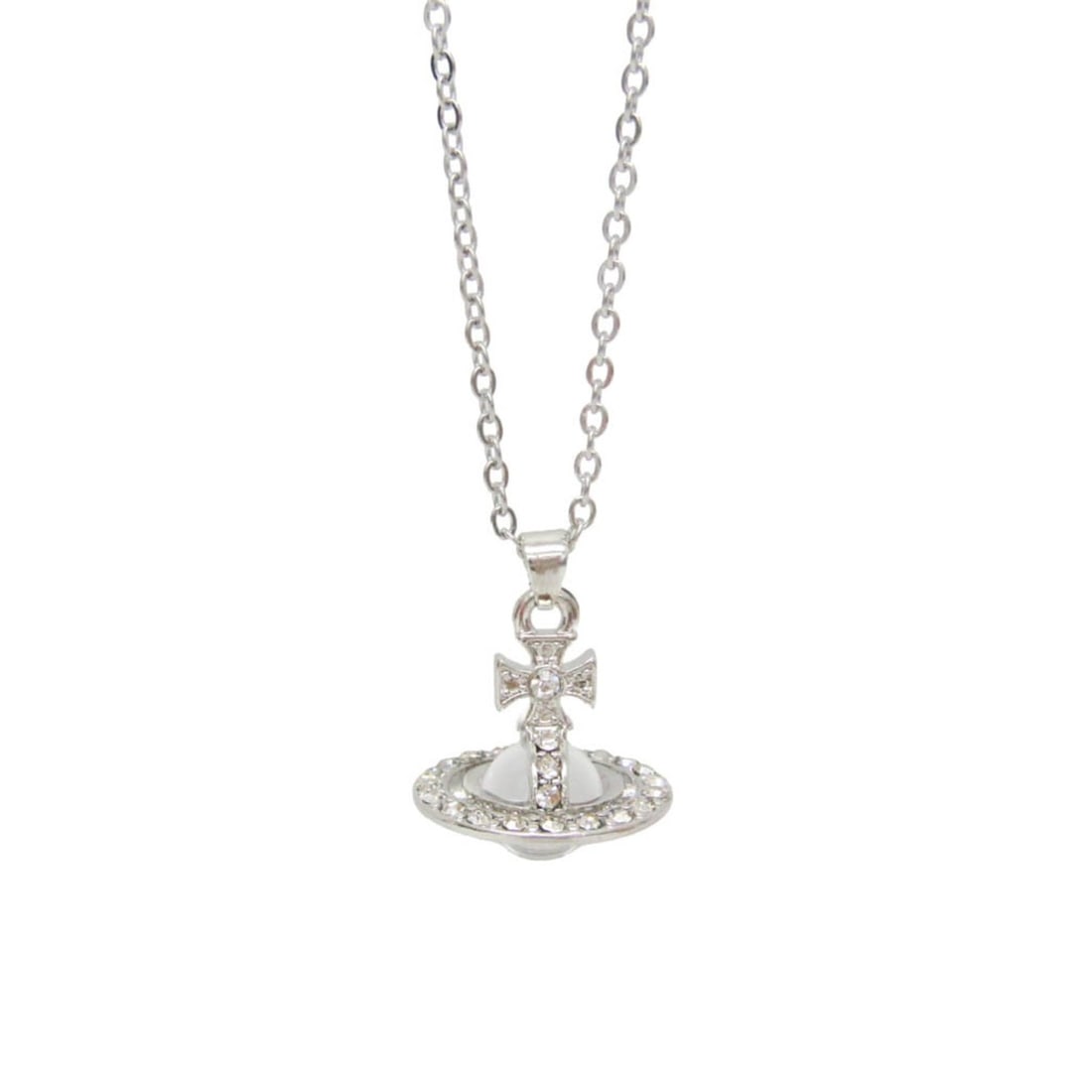 Vivienne Westwood Orb Metal Rhinestone Men,Women Pendant Necklace (Silver,Clear): --- Catalog ---Category: SizeWeight: 8g / 0.28oz.Pendant Size: 22mm x 20.4mm / 0.86'' x 0.8''Neck Circumference: 41 cm - 46 cm / 16.14'' - 18.11''Category: DesignColor: Clear, SilverMetal: