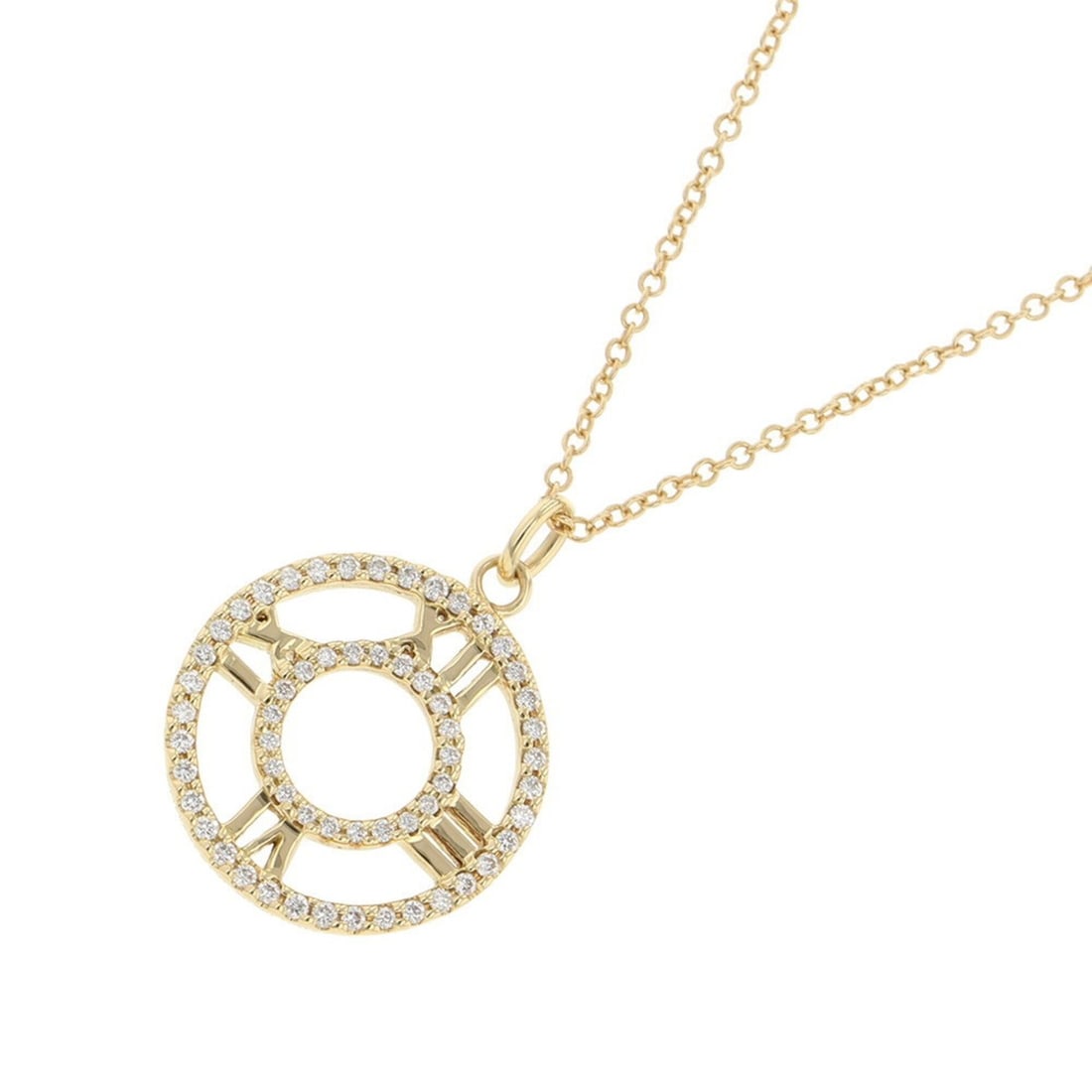 Tiffany & Co. Atlas Diamond Necklace in 18K Yellow Gold. Circle Pendant.: --- Catalog ---Category: SizePendant Size: 15mm / 0.59''Neck Circumference: 42 cm / 16.53''Category: DesignGender: WomenMaterial: Yellow gold (18K)Pendant Type: PendantNecklace Type: NecklaceCategory: