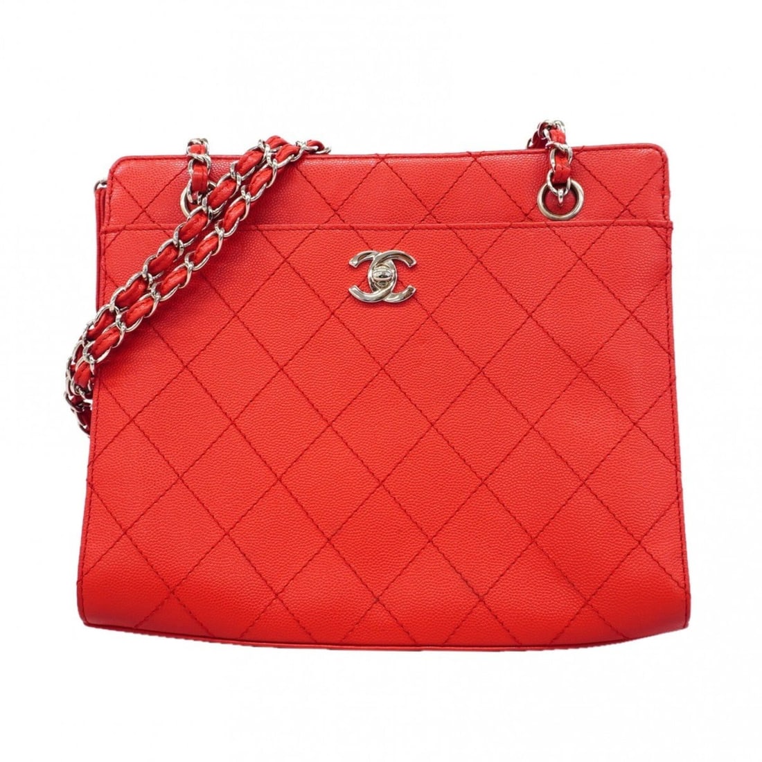 Chanel Matelassé Chain Tote Bag, Caviar Leather, Red, Women's, P3297573: --- Catalog ---Category: SizeSize (HxWxD): 21.5cm x 25.5cm x 7cm / 8.46'' x 10.03'' x 2.75''Category: DesignType: Tote bagColor: Red colorGender: WomenMaterial: Grained Calfskin Hardware Color: Silver
