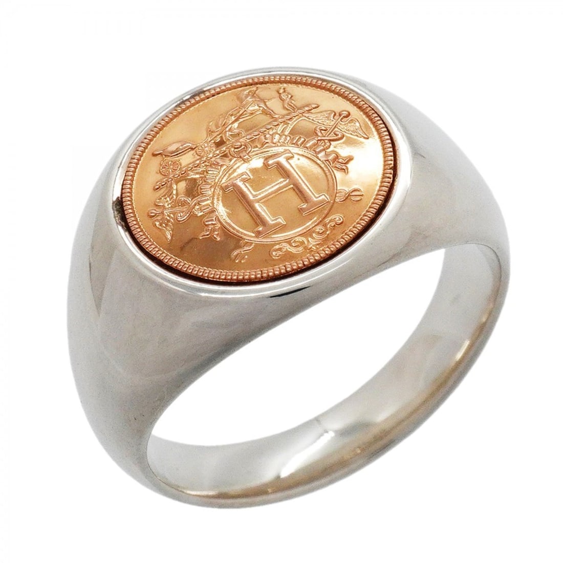 Hermes Ex-Libris Ring, 18KPG Pink Gold, Sterling Silver 925, Size 60, Men's, P3276201: --- Catalog ---Category: SizeUS Size: 10Brand Size: 60Category: DesignType: Band ringGender: MenMaterial: Pink gold (18K), Silver 925Category: GeneralBrand: Hermes--- Item List ---Section: ConditionRa