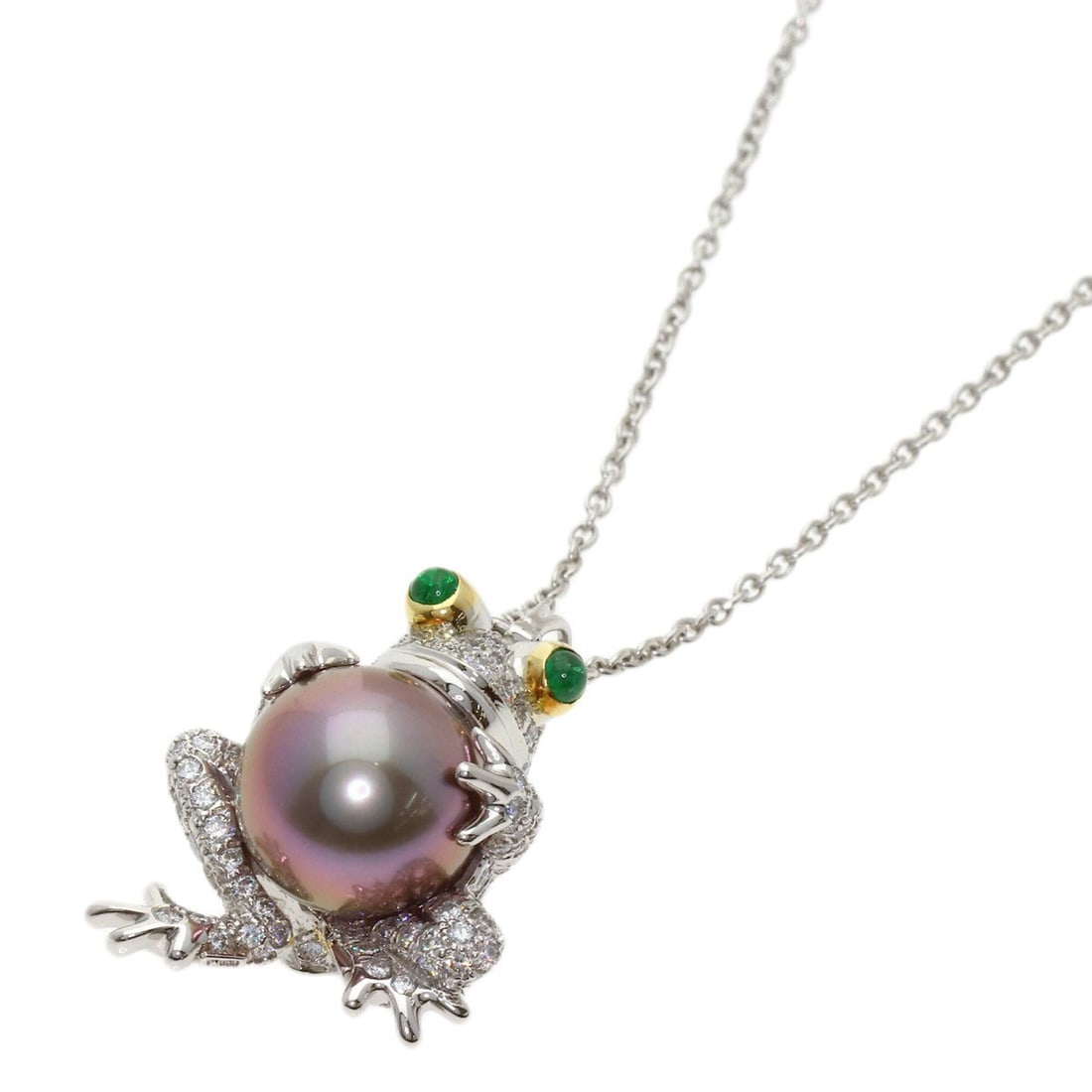 Tiffany & Co. Frog Motif Pearl Diamond Emerald Necklace Platinum PT950/18K Yellow Gold Women's: --- Catalog ---Category: SizePendant Size: 29.5mm x 19.6mm / 1.16'' x 0.77''Neck Circumference: 52 cm / 20.47''Category: DesignGender: WomenMaterial: Platinum 950, Yellow gold (18K)Necklace Type: Neck